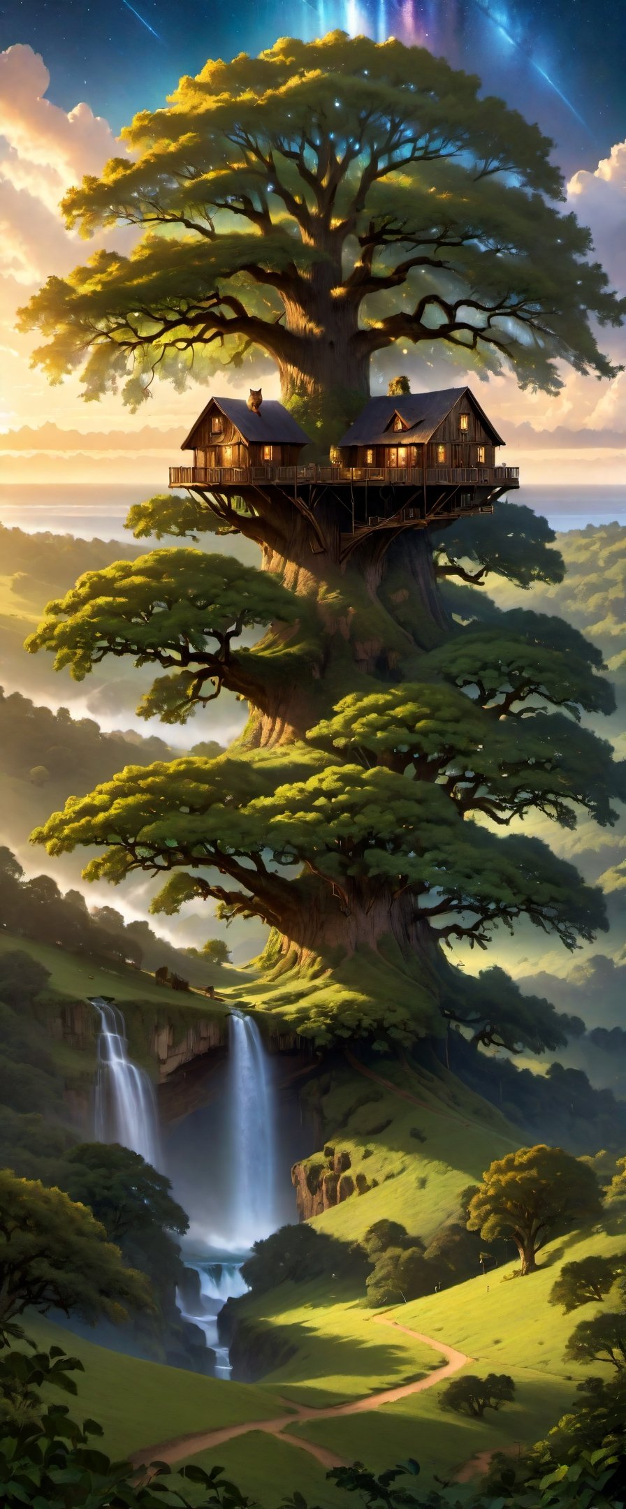 (wallpaper:1.2) ,best quality ,Ultra-detailed image of a (wallpaper:1.2) ,best quality Ultra-detailed image A majestic treehouse perched atop a towering oak tree, surrounded by lush foliage and a vibrant sky. Brown cat,waterfall, sea,EpicSky,greg rutkowski