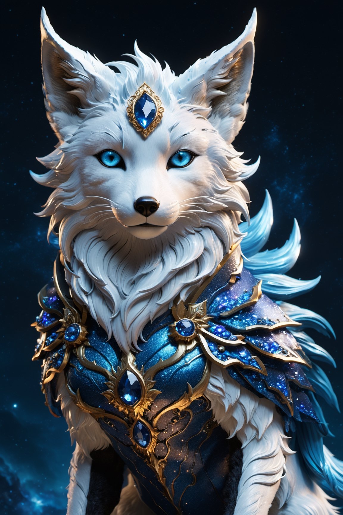 Lumina, the Celestial Fox, a 2-foot-tall marvel, enchants with silver fur shimmering like stars. Its sapphire-blue eyes mirror the cosmos. Nine tails represent celestial elements, leaving stardust trails and an aura of enchantment. Whispers claim Lumina's cosmic wisdom and blessings, awing all with its magic, detailed matte painting, deep color, fantastical, intricate detail, splash screen, complementary colors, fantasy concept art, 8k resolution trending on Artstation Unreal Engine 5,Movie Still,greg rutkowski