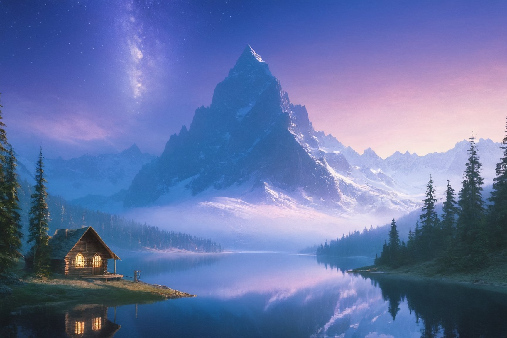 (wallpaper:1.2) ,best quality ,fantasy world, (elven wizard house:1.3) , fabulous coniferous forest near a clear mountain lake, magic, richness of colors, (ultra-quality light, masterpiece, wallpaper, ultra-detailed, panoramic photo: 1.3) , style of Ivan Aivazovsky,  by H.R. Giger and Alphonse Mucha ,6000,Leonardo Style,EpicLand,greg rutkowski,Looking at the sky