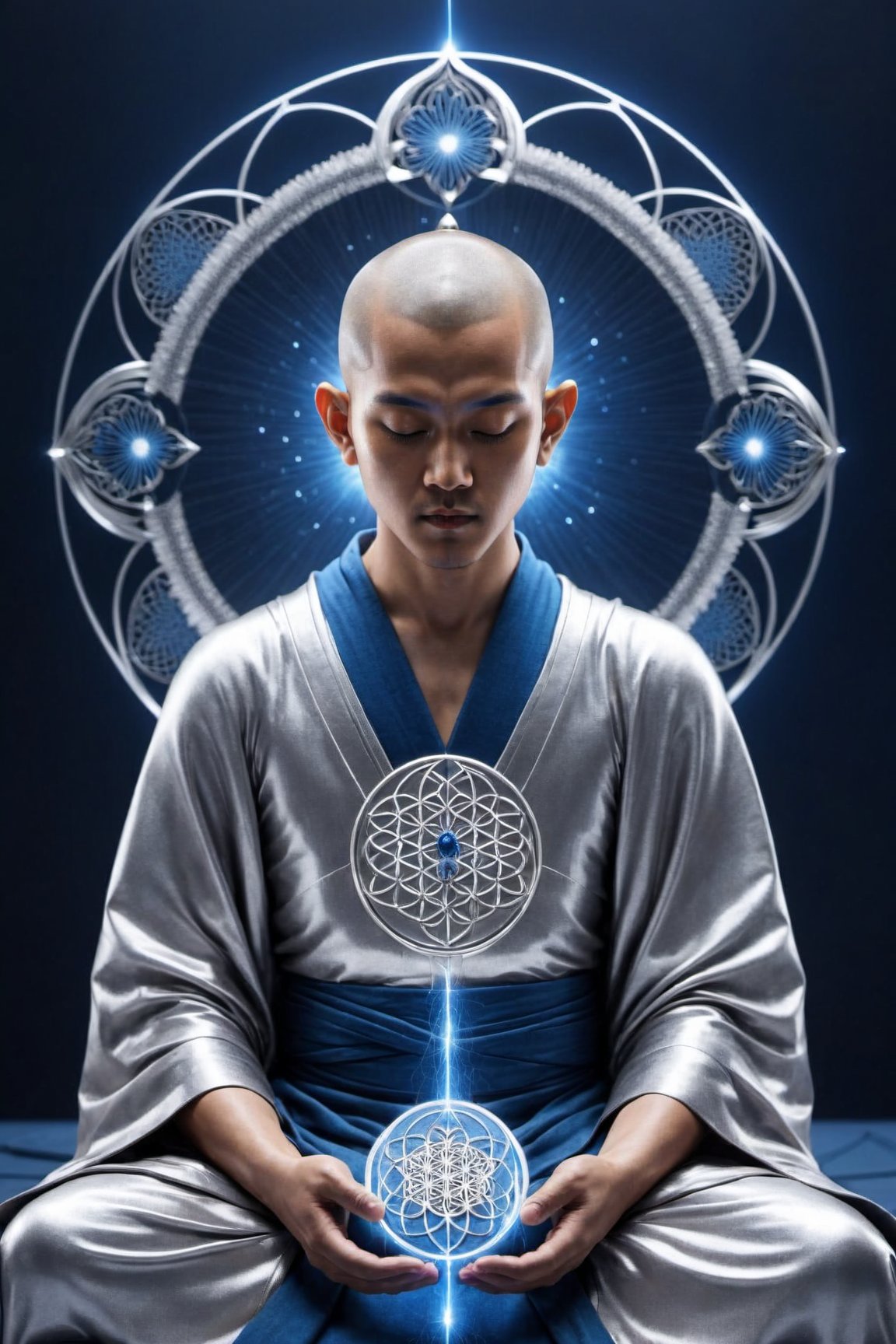 cinematic , ultra realistic, (((Silver Mind))), (cyborg monk meditating:1.3), ((simple blue robe)), Art Technology, sparks and surges, arcs of electricity, silver flower of life as read geometry background, ready to print, black background, vibrant,Sci-fi ,cyborg style