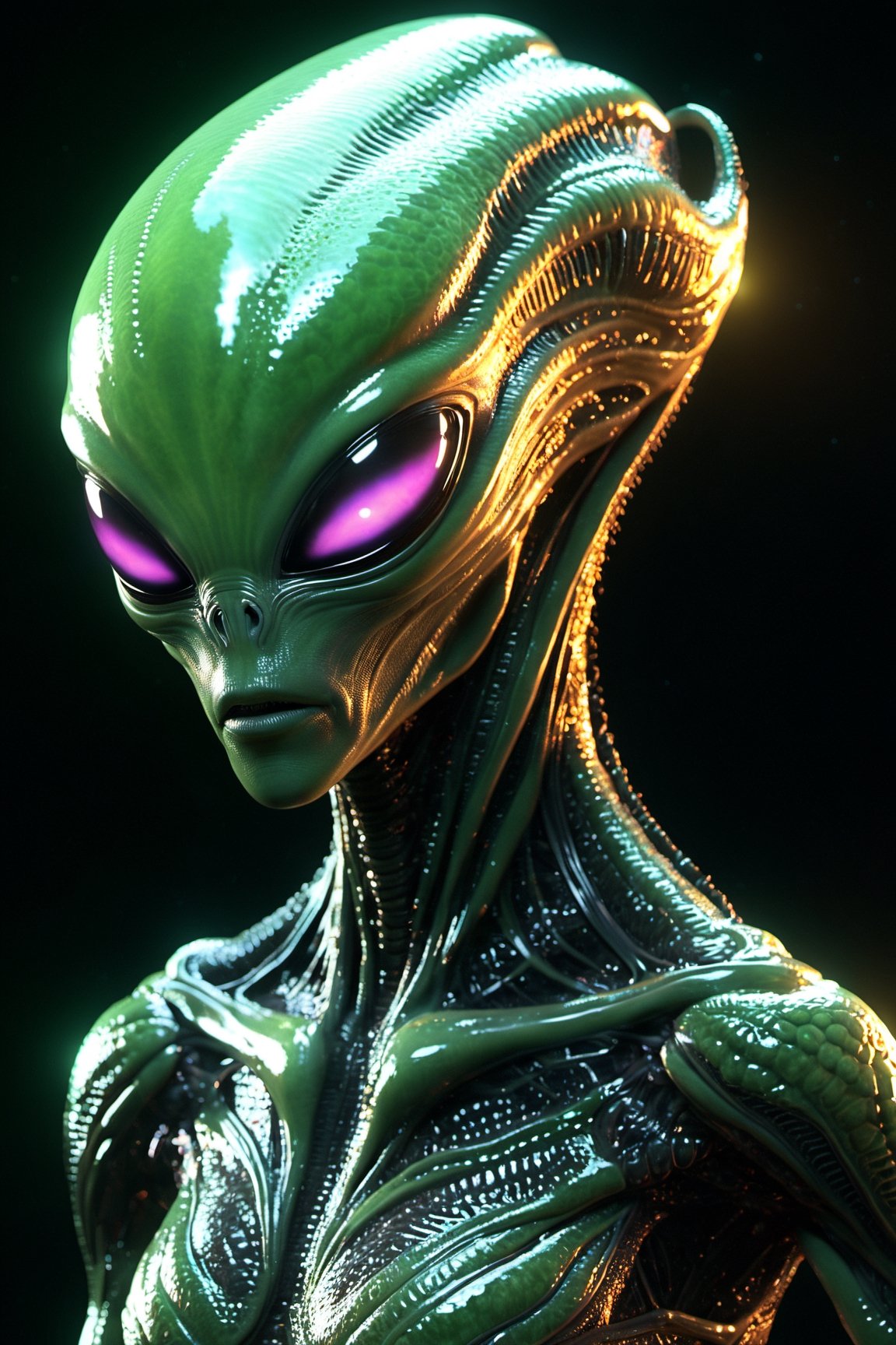 Alien creature in humanoid shape, with opalescent skin and iridiscent scales, masterpiece, absolutely perfect, stunning image, visually rich, intricately detailed, concept art, by Mschiffer, glowy, cinematic, UHD wallpaper, 3d, octane render, volumetric lights,Movie Still