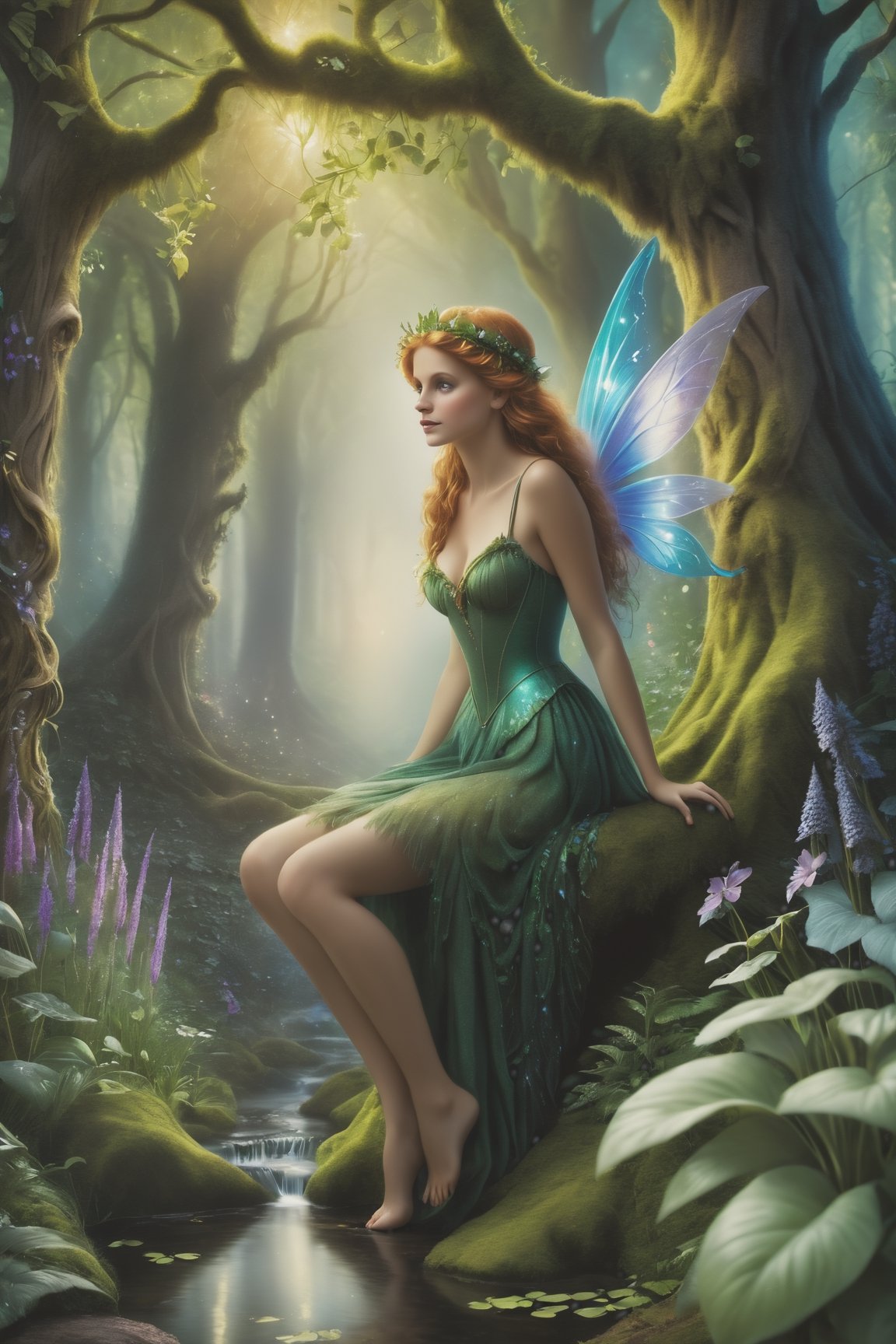 (wallpaper:1.2) ,best quality Ultra-detailed image of Enchanted forest in renaissance style, 🧚‍♀️, fairytale, fairies, detailed, dark magic, playful, realistic, mystical,A dryad in a magical garden.