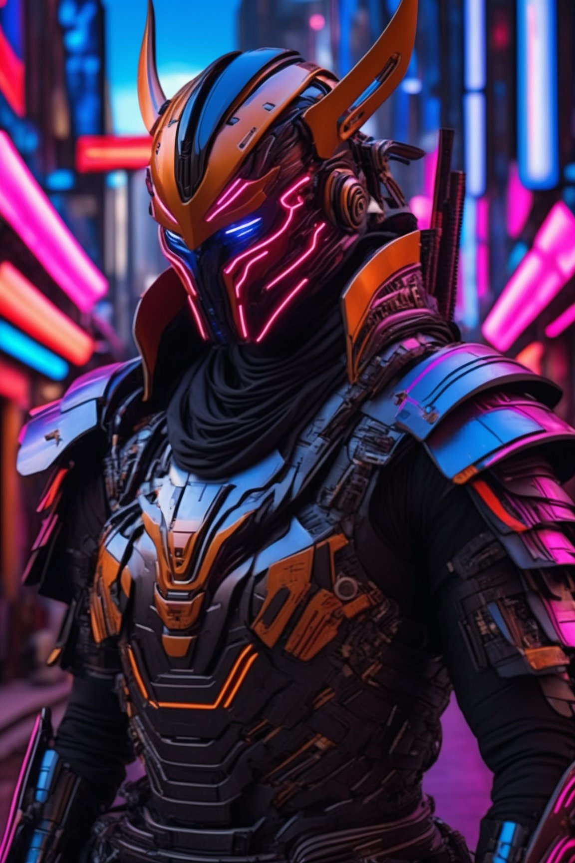 cinematic, ultra realistic, detailed cyborg-samurai in western futuristic city, realistic, cyberpunk, sharp focus, Sony Alpha 7S III (A75 III), Simple, hyperdetailed, hdr,Leonardo Style,with blacklight makeup,cyborg style