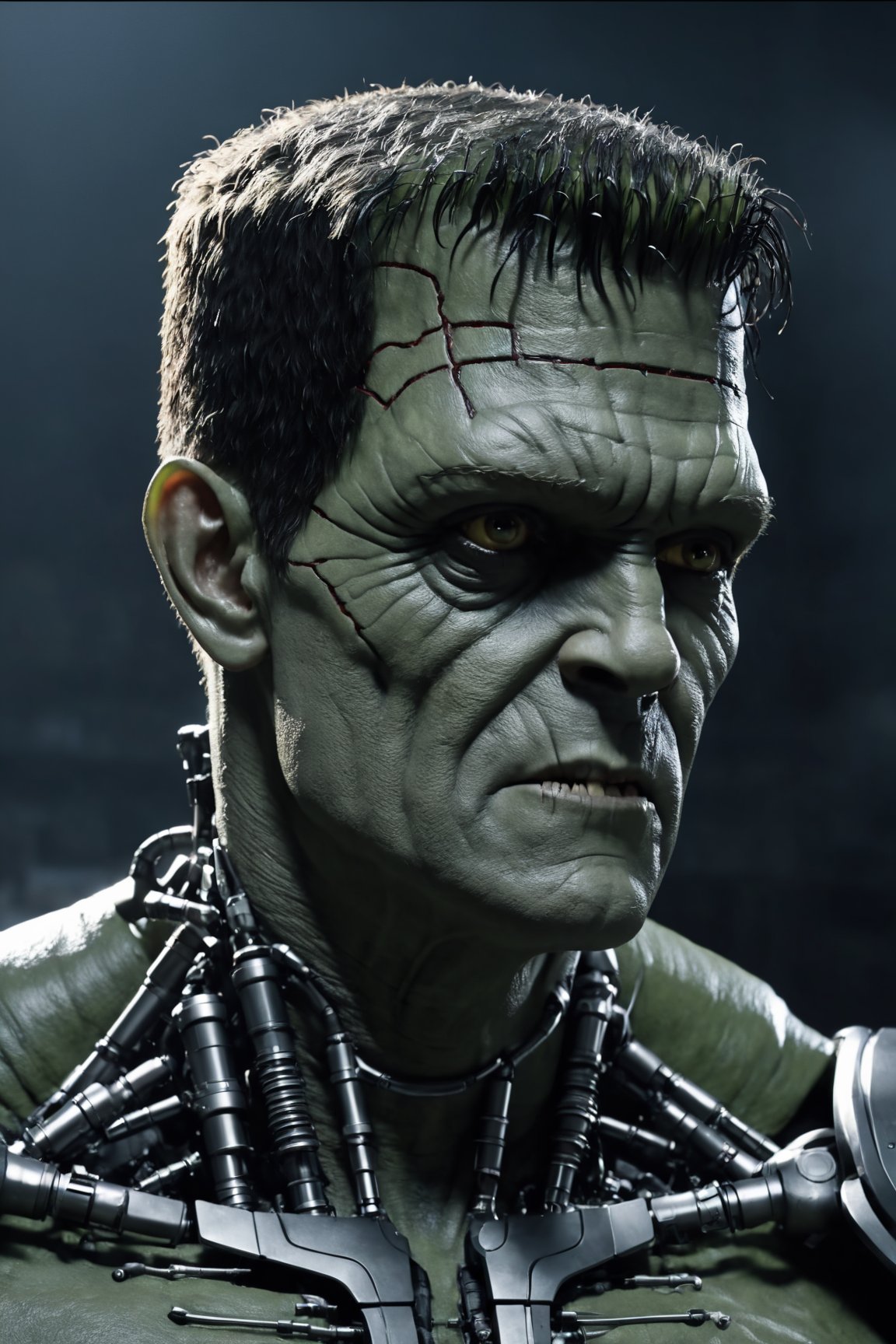 best quaity, cinematic, ultra realistiс new frankenstein cyborg-monster, (cybernetic:1.3), dark shot,cyborg style,Movie Still