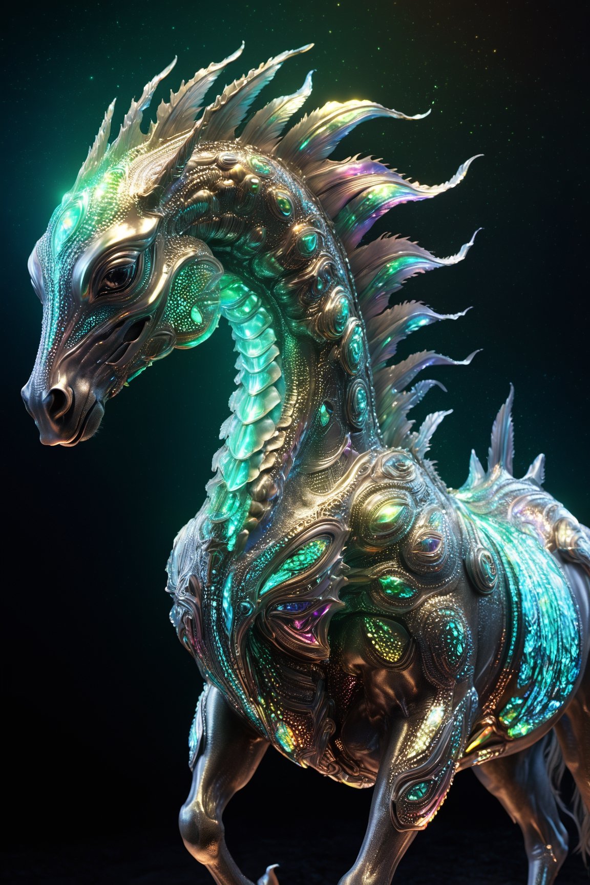 Celestial (alien:1.2) creature in horse shape, with opalescent skin and iridiscent scales, masterpiece, absolutely perfect, stunning image, visually rich, intricately detailed, concept art, by Mschiffer, glowy, cinematic, UHD wallpaper, 3d, octane render, volumetric lights,Movie Still,6000