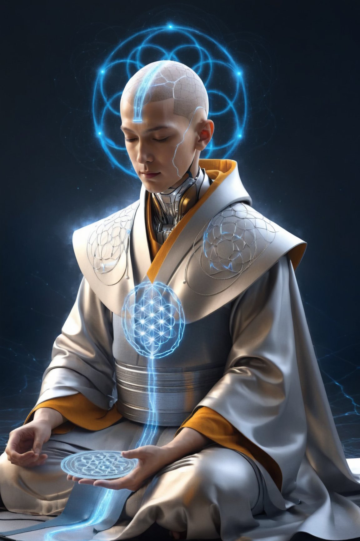 cinematic, ultra realistic,Silver Mind,cyborg monk meditating, simple blue robe, Art Technology, sparks and surges, arcs of electricity, silver flower of life as read geometry background, ready to print, black background, vibrant,Sci-fi,Leonardo Style,Ultron , illustration