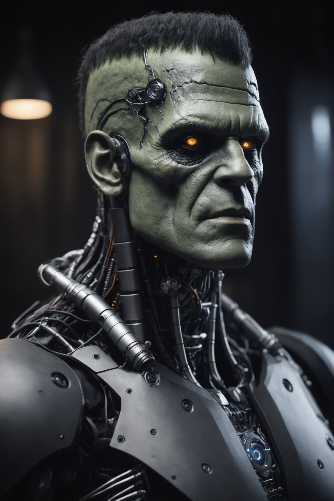 best quaity, cinematic, ultra realistiс new frankenstein cyborg-monster, (cybernetic:1.3), dark shot,cyborg style