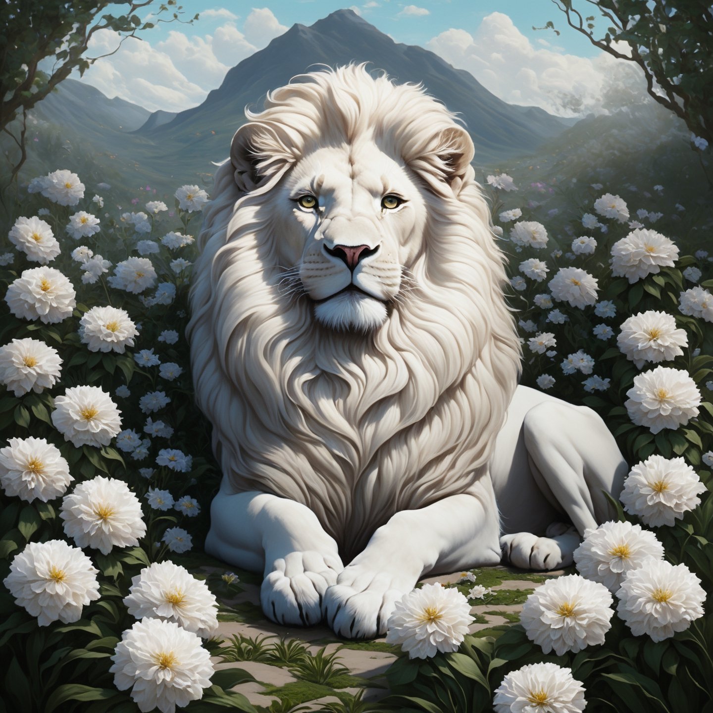 a painting of a white lion surrounded by flowers by Juliette Wytsman, Artstation, fantasy art, made of flowers, detailed painting, aesthetic,Movie Still,Film Still,Cinematic,Cinematic Shot