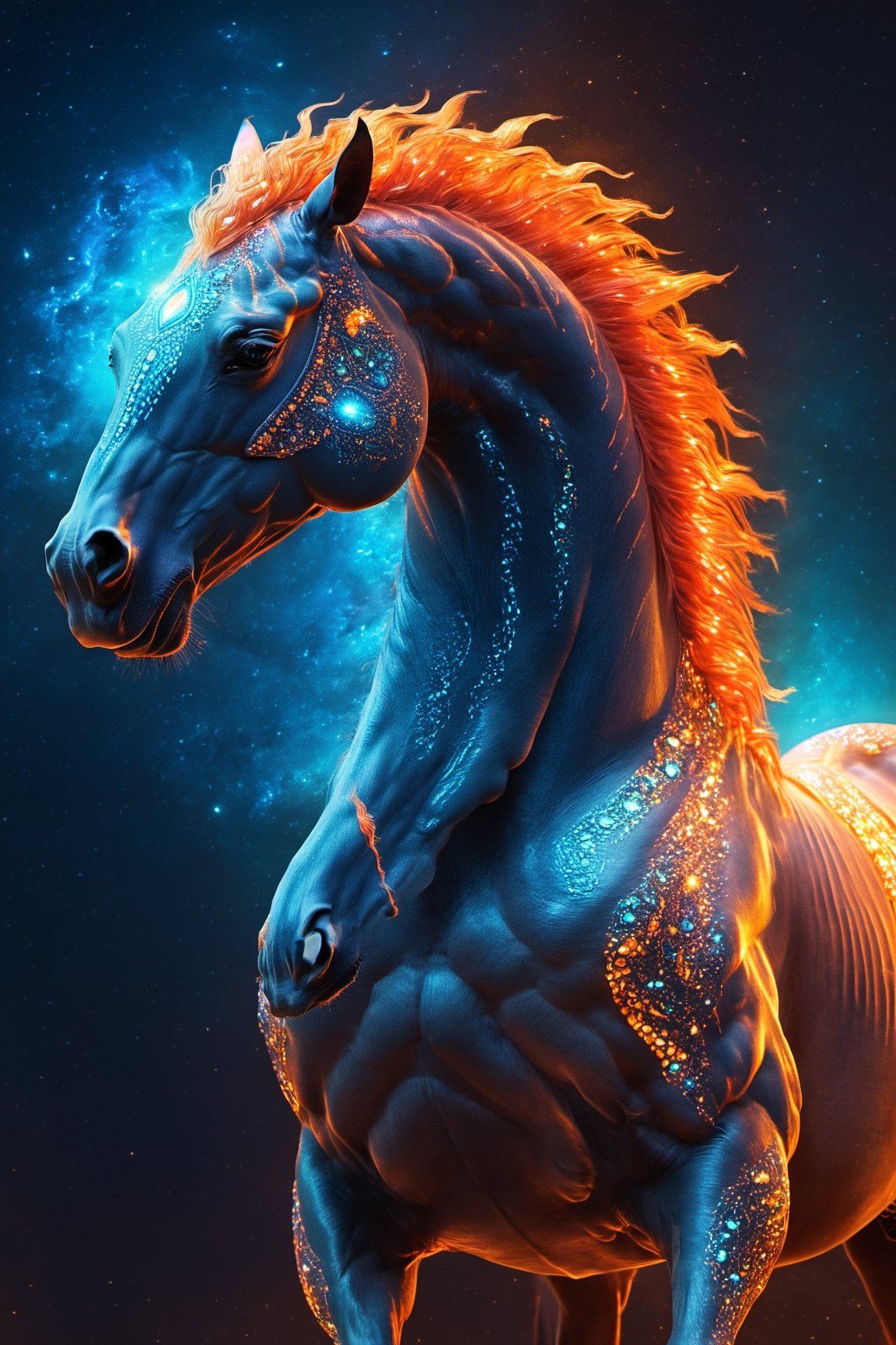 Celestial (alien:1.2) creature in horse shape, with blue and oranje opalescent skin and iridiscent scales, masterpiece, absolutely perfect, stunning image, visually rich, intricately detailed, concept art, by Mschiffer, glowy, cinematic, UHD wallpaper, 3d, octane render, volumetric lights,Movie Still