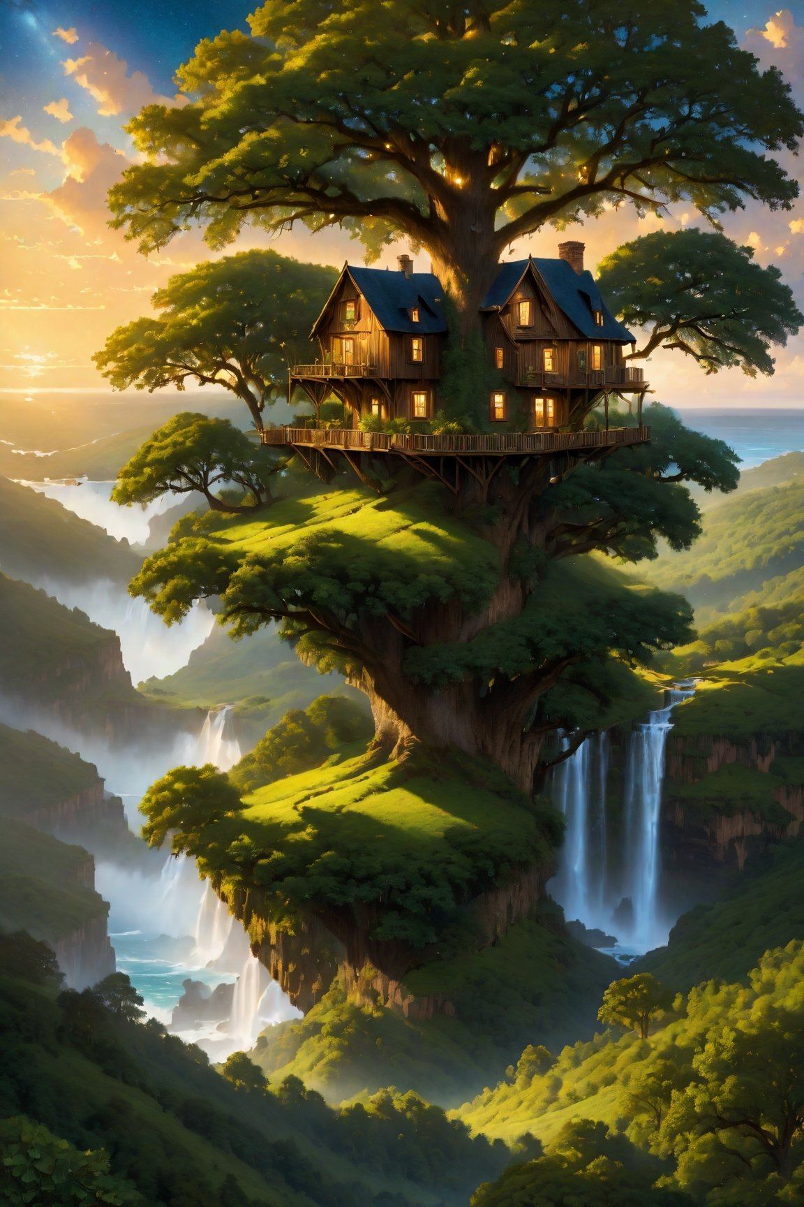 (wallpaper:1.2) ,best quality ,Ultra-detailed image of a (wallpaper:1.2) ,best quality Ultra-detailed image A majestic treehouse perched atop a towering oak tree, surrounded by lush foliage and a vibrant sky. Brown cat,waterfall, sea,EpicSky,greg rutkowski