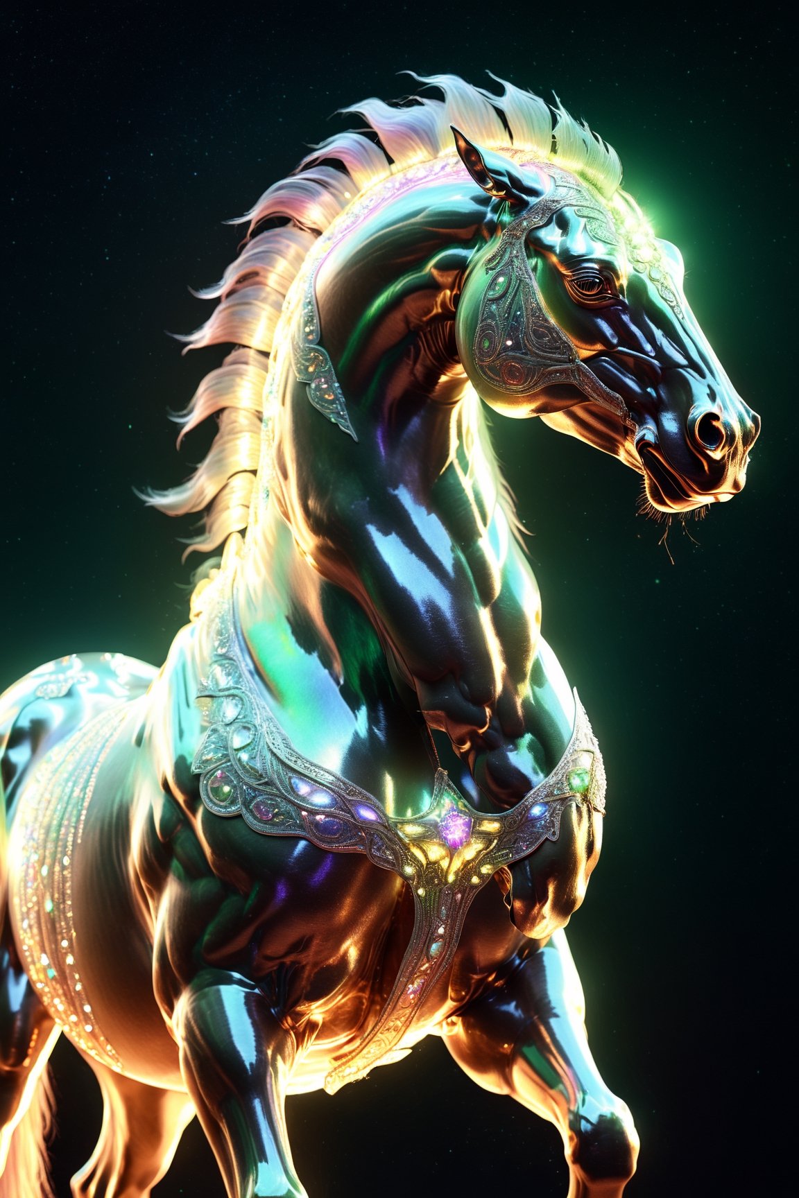 Celestial alien creature in horse shape, with opalescent skin and iridiscent scales, masterpiece, absolutely perfect, stunning image, visually rich, intricately detailed, concept art, by Mschiffer, glowy, cinematic, UHD wallpaper, 3d, octane render, volumetric lights,Movie Still