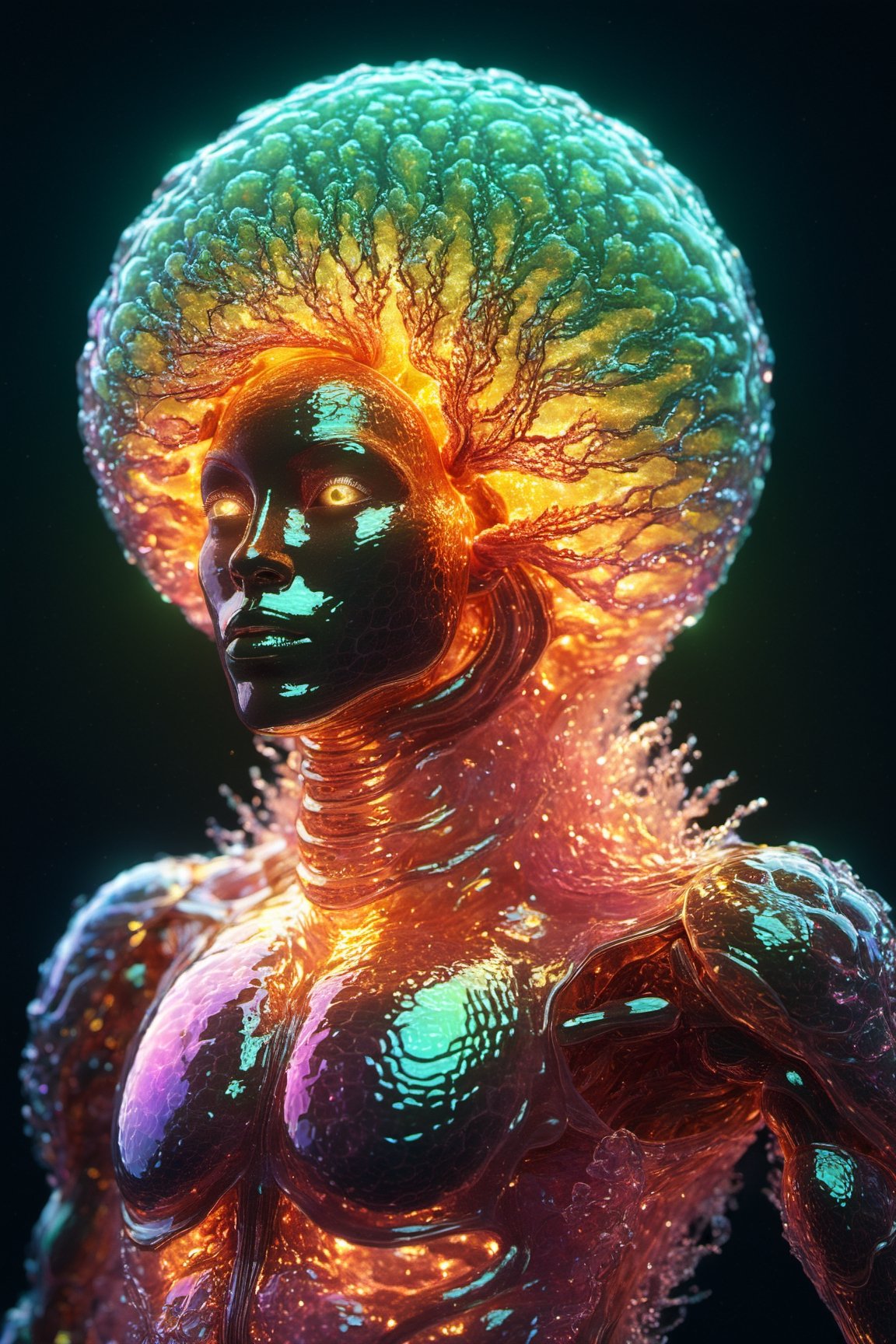 Organoid creature in humanoid shape, with opalescent skin and iridiscent scales, masterpiece, absolutely perfect, stunning image, visually rich, intricately detailed, concept art, by Mschiffer, glowy, cinematic, UHD wallpaper, 3d, octane render, volumetric lights,Movie Still