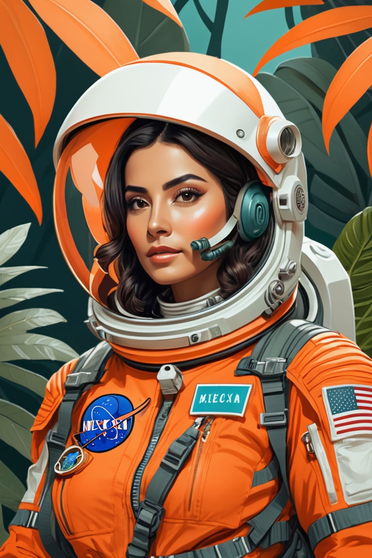 waist-up "female Astronaut mexicana in a Jungle venusina" broken helmet tangerine cold color palette, muted colors, detailed, 12k,