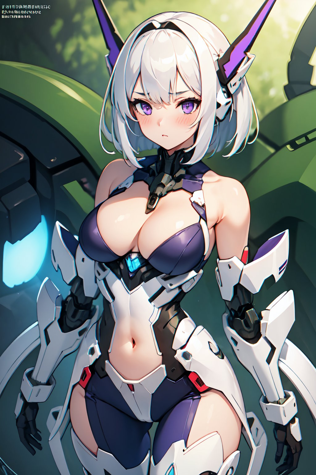 1girl, white hair, purple eyes, bob cut, average breasts, blush, glow, thighs, bare shoulders, collarbone, narrow waist, cleavage, (masterpiece), mecha musume, [mecha musume, mechanical arms, headgear][bodysuit]