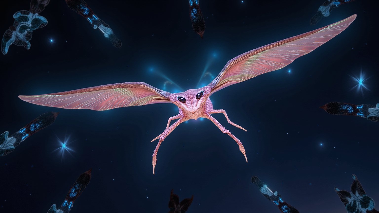 A majestic Braided Glider floats effortlessly in the dark, bioluminescent sky of its alien planet. Its elongated, braided body is gracefully coiled, glowing with soft shades of pink, blue, and green as it moves through the air. The creature's vast, fabric-like wings are unfurled, their translucent membranes glowing softly with intricate bioluminescent threads woven throughout. These wings stretch wide, catching the faint wind as the floating fabric scraps in the sky swirl around it. Its long, prehensile, braided limbs extend from its body, gently grasping the glowing branches of the braided flora below.The Glider’s sleek, elongated face is bathed in the soft light from its large, glowing eyes, which radiate intelligence and curiosity. The faint shimmer of the bioluminescent liquid running through its braids highlights its complex, organic textures. The dark sky in the background is filled with floating fabric-like leaves, reflecting the soft glow of the bioluminescent world below, while the creature hovers gracefully, its braided form creating a mesmerizing, otherworldly pattern. The creature's gentle and fluid movement through the air is captured in the portrait, framed by the glowing flora and the surreal, floating fabric clouds of the alien planet