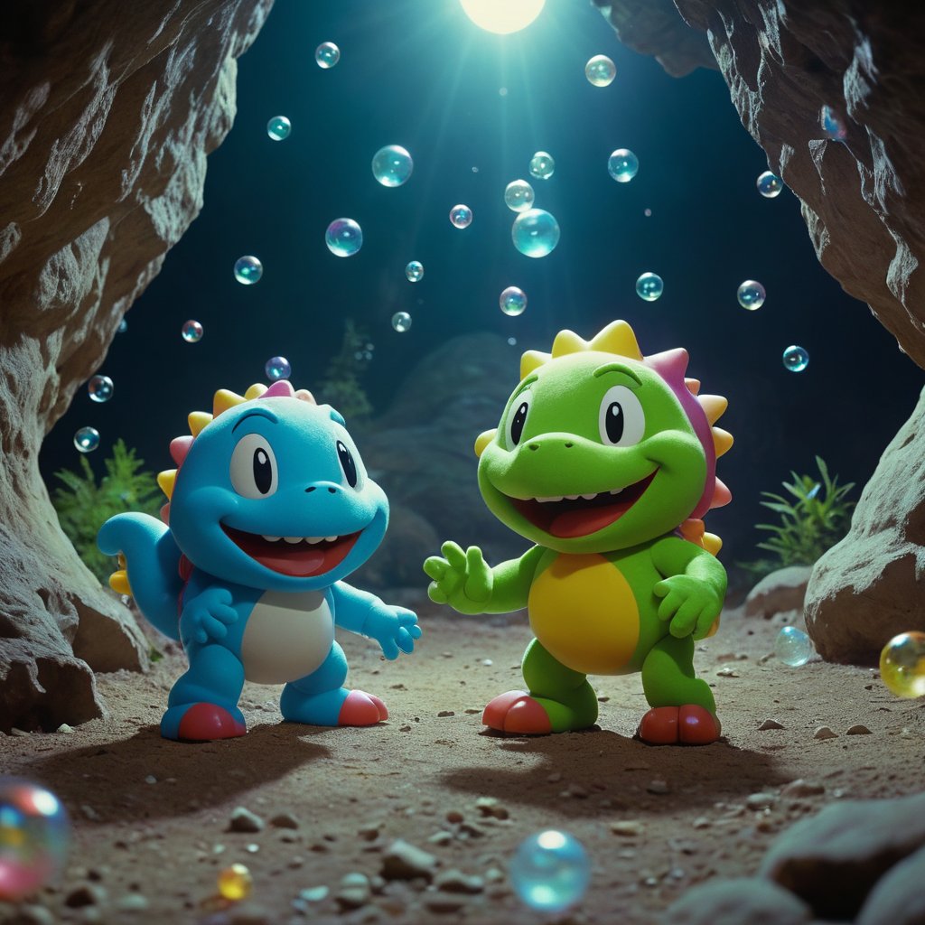 Analog film. Live-action movie screenshot of Bubble Bobble. Colorful, whimsical cave setting with realistic bubbles and vibrant characters. Bub and Bob in adventurous poses. Bright, playful lighting, cinematic quality, fantastical atmosphere, movie still, hard shadows, grainy, analog film, nighttime, faded film, desaturated, 35mm photo.,clmnt