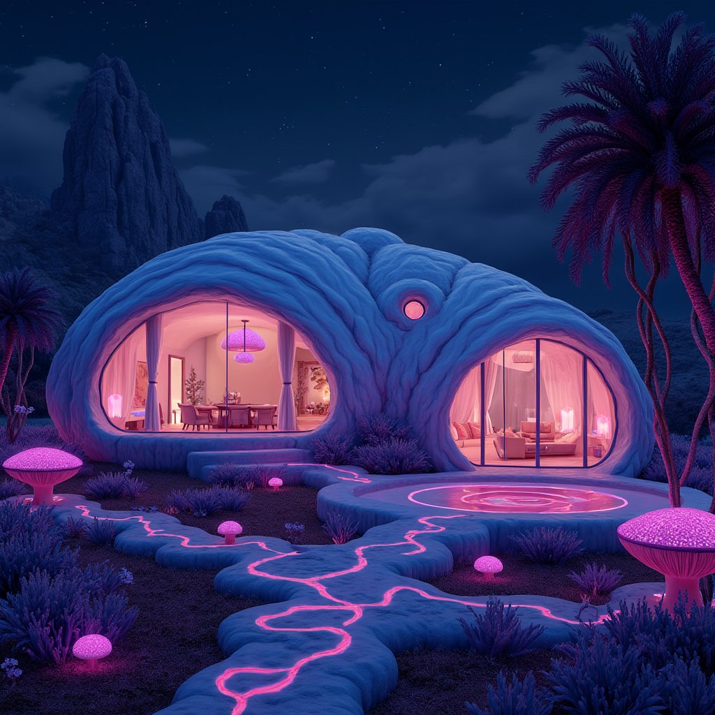 Set against the backdrop of towering bioluminescent structures, a family house emerges from the alien landscape, seamlessly blending into the glowing environment. The home is crafted from organic, shell-like materials, its exterior gently undulating with flowing, braided textures that emit a soft blue and purple glow. The house appears to have grown naturally from the ground, with walls that pulse faintly with bioluminescent light, and large, translucent windows resembling the surface of a shimmering, alien pearl. Twisted, glowing vines wrap around the structure, intertwining with the architecture and forming living walkways and entrances. Outside, a glowing garden surrounds the house, filled with pulsating alien flora that casts a gentle, warm light across the scene. Large, bioluminescent mushrooms and plant-like formations line the pathways, leading to a softly glowing entrance, where the light spills into the interior, creating an ethereal atmosphere. Inside, the home is filled with smooth, flowing lines, where braided, glowing patterns on the walls and floors echo the natural elements of the planet. Floating orbs of light hover in each room, acting as soft, ambient lighting, while the ceilings are draped with translucent, fabric-like materials that float gently, reflecting the glow from the bioluminescent garden outside. In the living area, alien furniture is formed from curved, organic materials, glowing softly in pink and purple hues. A central communal space is filled with a circular, glowing platform where the family gathers, and from the windows, the dark sky reflects the faint light from the floating fabric leaves overhead, creating a sense of serene isolation. The house feels both mystical and cozy, a sanctuary in this strange, glowing world.,Ducreux Style