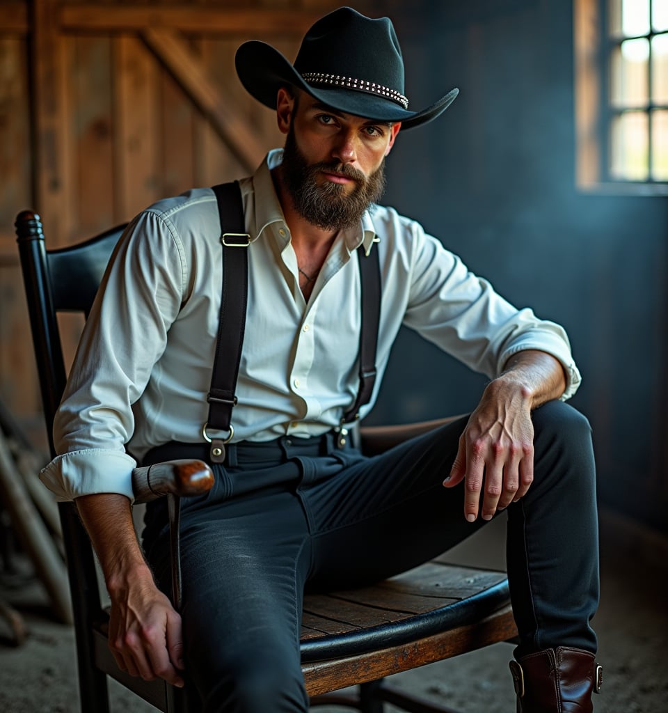 Fashion portrait in atmospheric barn interior. Man wearing black suspender pants with patches of traditional Amish fabrics. Plain white button-up shirt, rolled-up sleeves, subtle studs on collar. Distressed wide-brimmed black hat with studded band. Heavy dark brown leather work boots. Neat beard with small blue streak. Natural makeup with slightly smoked-out eyes. Leaning on a vintage rocking chair partially covered in black leather and studs. Lighting: golden hour warmth with hints of neon blue. Misty background. Expression combines calm strength with a hint of rebellion.
Style: Rugged fashion photography, rich textures, moody atmosphere