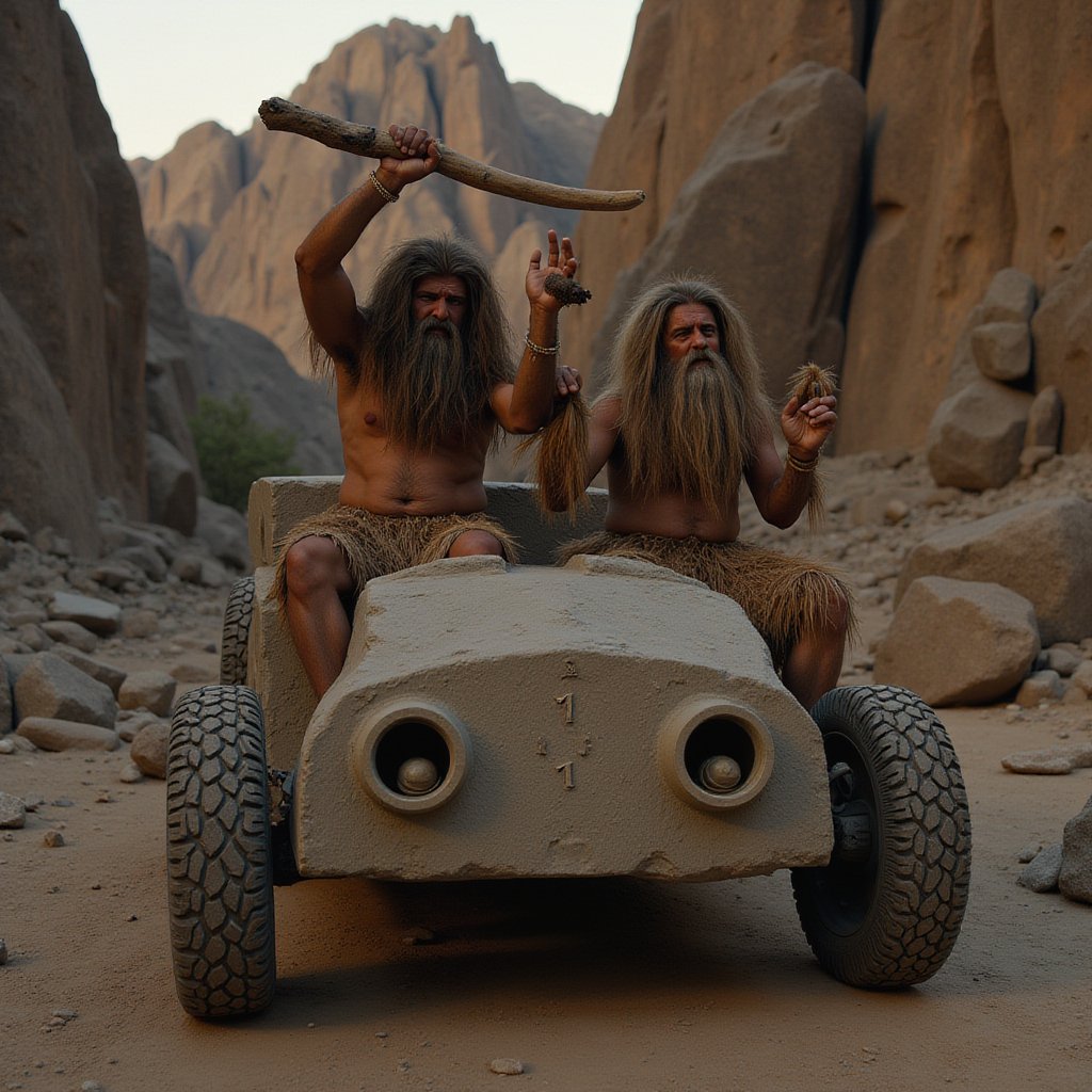 Hasselblad H6D-100c, ultra-realistic detail, soft, cinematic twilight lighting, ISO 100, with a 50mm prime lens.
Two cavemen, **Rock and Gravel**, with extremely long, shaggy hair covering nearly their entire bodies, sit in the **Boulder Mobile**, a prehistoric vehicle carved entirely from stone. Their wild hair flows over their faces and animal-skin loincloths, nearly hiding their forms. One caveman holds a large wooden club above his head, poised to strike the car to power it. The **Boulder Mobile** has massive stone wheels, two rounded stone headlights in front, and the number "1" etched prominently on the side.

The vehicle sits against the backdrop of a rugged prehistoric landscape, with towering boulders and dusty terrain stretching to the horizon. The soft twilight glow bathes the scene in warm, golden-purple hues, casting long shadows and adding a mysterious atmosphere. The twilight lighting highlights the fine textures of their shaggy hair, the rough stone of the car, and the weathered animal skins. The scene blends the whimsical nature of the **Boulder Mobile** with the rich realism of a prehistoric world, balancing gritty detail with humor and cinematic warmth.