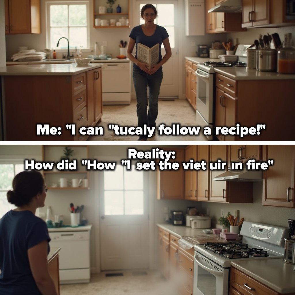 Visual: A photo of a person confidently walking into the kitchen with a recipe book in hand, full of enthusiasm. In the next frame, the kitchen is in complete chaos—flour everywhere, pots boiling over, and the person staring in horror at their disaster.
Text (Top): "Me: 'I can totally follow a recipe!'"
Text (Bottom): "Reality: 'How did I set the kitchen on fire?'"