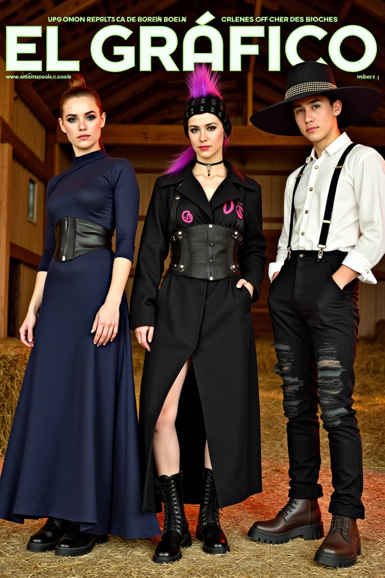 Amish Punk Magazine Cover:
a high-fashion magazine cover showcasing the new "Amish Punk" style:
Layout:
- Vertical format, typical of fashion magazines
- Title at top: "El Gráfico" in large, bold typography
- Subtitle: "The Rise of Amish Punk" in smaller, edgy font
Main Image:
- Three models posed in an abandoned barn at twilight
- Fog machine haze for atmospheric effect
- Warm golden lighting with neon pink and green accents
Models and Styling:
1. Center (Modest Mohawk):
   - Woman in floor-length navy dress with asymmetrical hem
   - Black leather corset over dress
   - Detachable bonnet with deep purple mohawk crest
   - Combat boots
   - Positioned slightly forward, gazing directly at camera
2. Left (Quilted Anarchy):
   - Woman in oversized black quilt coat with leather accents
   - Coat pattern subtly incorporates anarchist symbols
   - Spiked mini-bonnet
   - Chunky black boots
   - Turned slightly towards center, profile partly visible
3. Right (Barn Raising Rebel):
   - Man in black suspender pants with Amish fabric patches
   - White button-up with studded collar, sleeves rolled up
   - Distressed wide-brimmed hat with studded band
   - Dark brown work boots
   - Angled towards center, face partially obscured by hat brim
Makeup and Details:
- Minimal base makeup with dramatic eyes
- Subtle neon eyeliner accents (green, pink, blue respectively)
- Focus on texture contrasts: smooth skin, rough leather, soft fabric
Props and Background:
- Visible barn interior with weathered wood and hay bales
- Punk-painted butter churn in foreground
- Modified farm tools (pitchfork with chains) subtly placed
Text Overlays:
- "Tradition Meets Rebellion: Fashion's New Frontier"
- "DIY Punk Meets Amish Simplicity"
- "Modest Mohawks & Quilted Anarchy: Your Guide Inside"
Style and Mood:
- High-contrast, editorial fashion photography
- Blend of rustic textures and sleek, modern elements
- Atmosphere of tension between tradition and defiance. Composition:
- Rule of thirds with models as focal points
- Dynamic poses creating visual interest and flow
- Enough negative space for text without obscuring key style elements