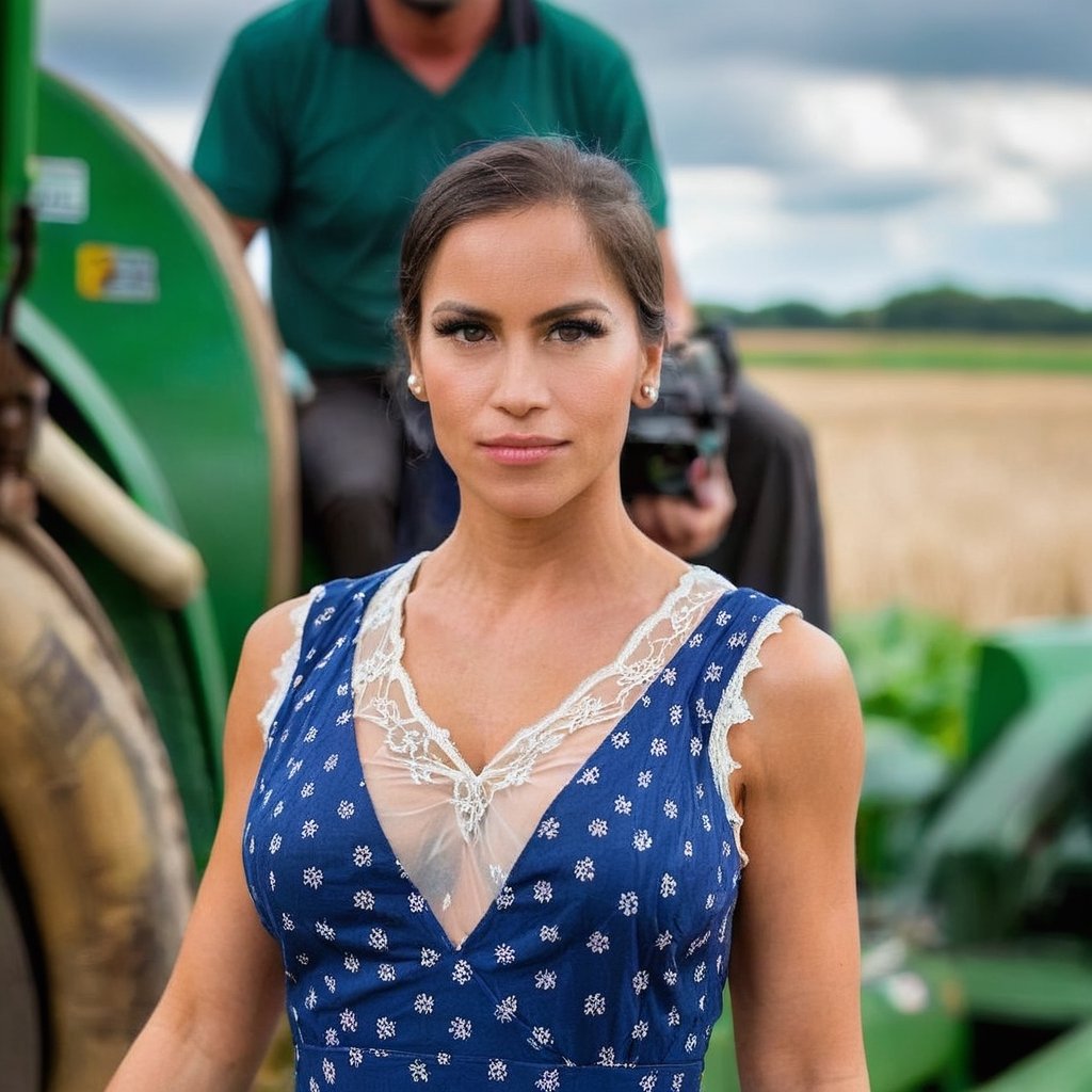 Portrait Photo of rshlf, wearing a dress inspired by vlzblnc, looking to the camera. Farmer background, detailed rshlf face,vlzblnc