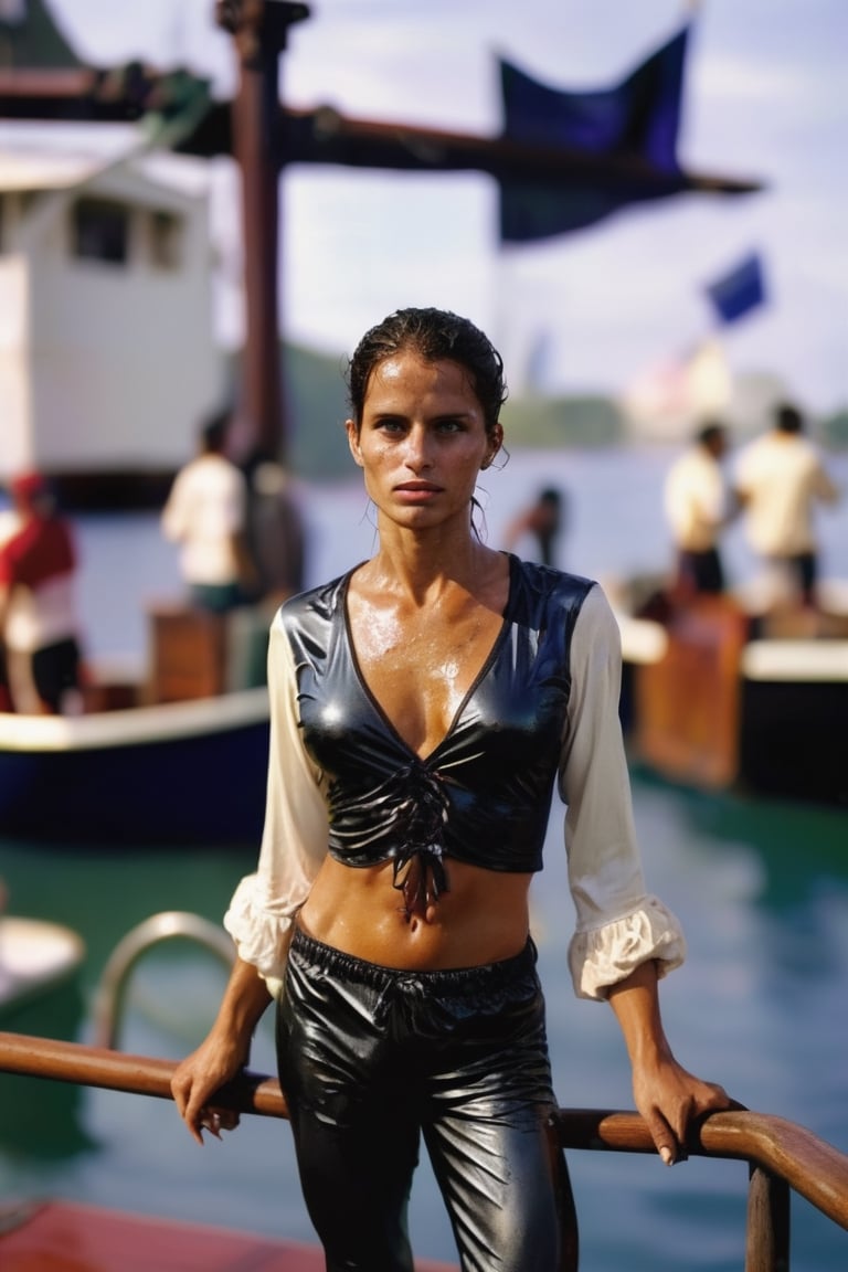 Female rshlf pirate wearing a wet vlzblnc jersey, stands on a boat deck, photo by Steve McCurry