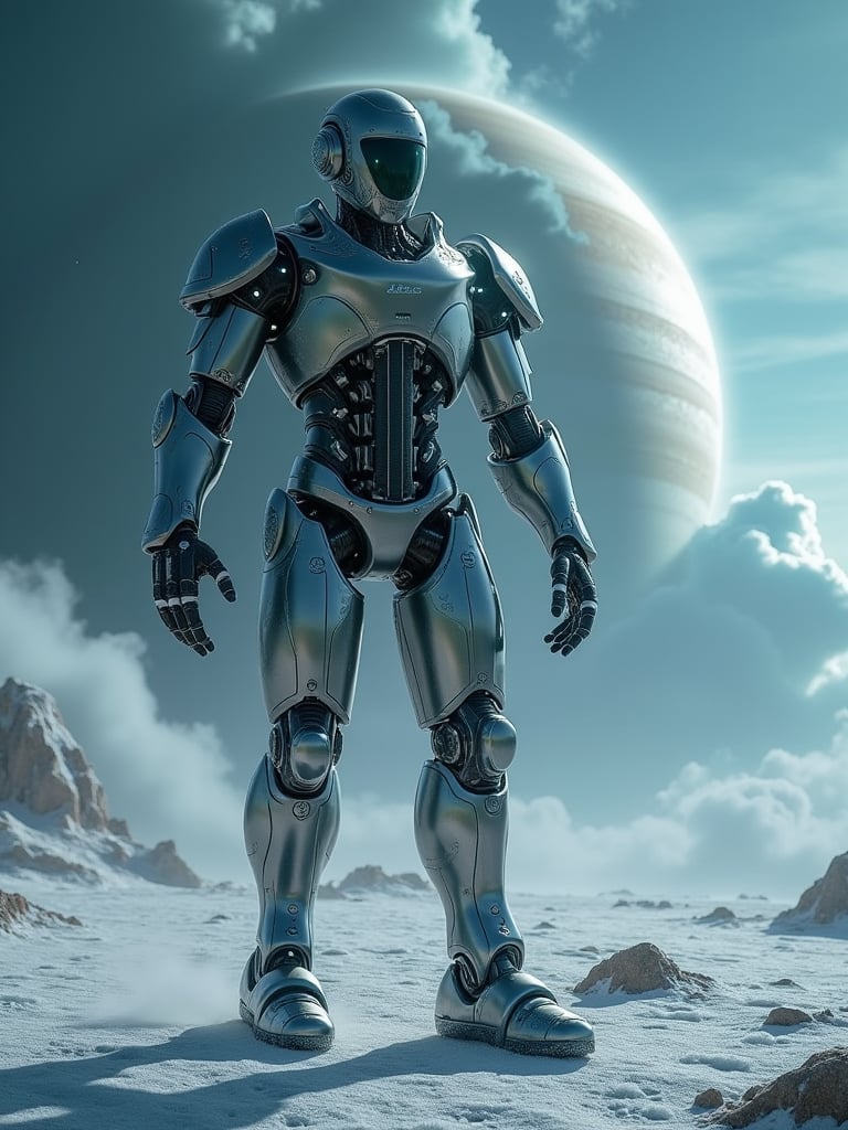 A humanoid android, its metallic body polished to a reflective sheen, stands on the desolate surface of Neptune, enduring the planet's hostile conditions. The android’s design is aerodynamic yet sturdy, with reinforced joints and glowing circuits that pulse faintly in the deep blue haze of the atmosphere. Despite the fierce, high-speed winds and swirling methane clouds that tear through the frozen landscape, the android remains unshaken, its advanced systems compensating for the brutal environment. Icy frost gathers on its outer shell, while its glowing eyes scan the distance, watching as storm clouds roil violently above.