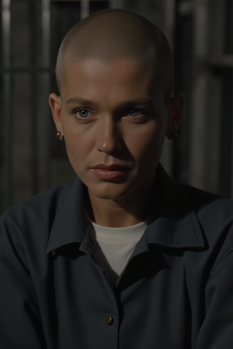 Skinhead Woman in prison, Photo by Annie leibovitz, typical jail background, close up , shaved head, movie still, hard shadows, analog film, deep photo, depth of field, ferrania p30 film, shadows, nighttime, dark photo, grainy, dimly lit, harsh camera flash, faded film, desaturated, 35mm photo, vintage, kodachrome,Xuxa