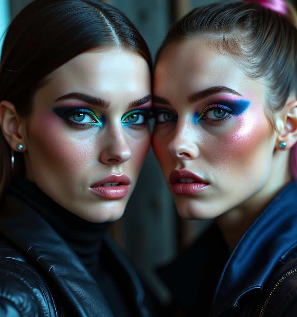 A stunning close-up of two women's faces, Quilted Anarchy and Modest Mohawk, in a high-fashion beauty shot. The soft, diffused main light illuminates their pale skin, highlighting the unique makeup details: smokey eyes with neon green eyeliner on one side, and navy blue with pink on the other. Sharp focus accentuates the texture contrasts between skin, fabric, and metal. The blurred barn wood background adds depth, while faint neon accents reflect in their eyes and cheekbones.