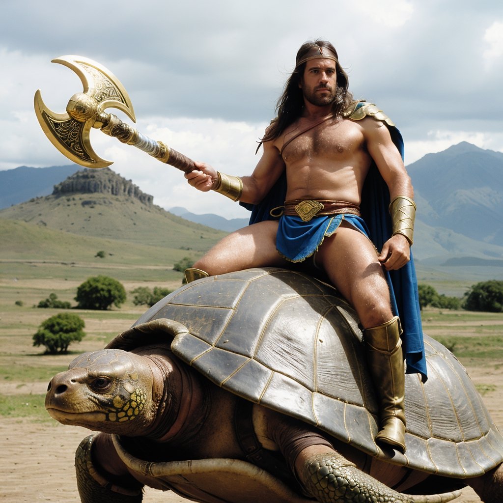 golden axe movie scene, 35mm photo. leandrostasi as Ax Battler, the barbarian warrior, rides on the back of a giant turtle across the Turtle Village, a peaceful land that has been attacked by Death Adder’s forces. He wears a blue leather loincloth and boots, a metal helmet with feathers, and a brown cape that covers his shoulders. He carries a golden axe in his right hand, which shines with a bright light. His left hand holds a green crystal that contains his magic power.,leandrostasi