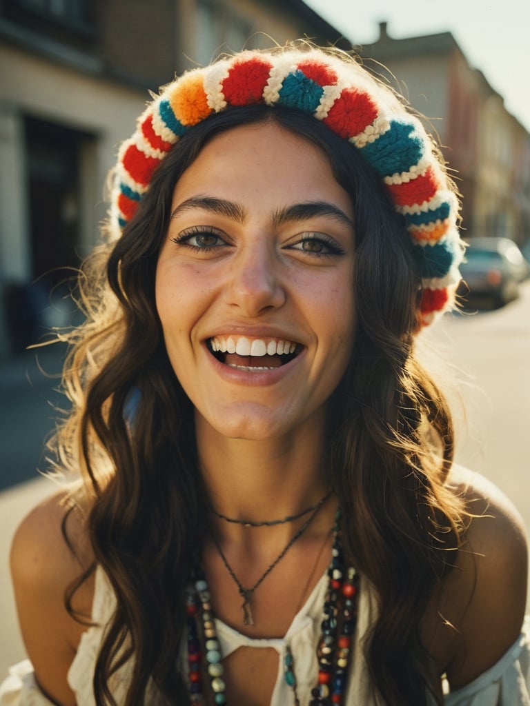 Eskimo shot, Romani hippie woman , laughing, Photo by Terry Richardson, Smokey eyes make up, movie still, hard shadows, analog film, deep photo, depth of field, ferrania p30 film, shadows, daytime, dark photo, grainy, dimly lit, harsh camera flash, faded film, desaturated, 35mm photo, vintage, kodachrome