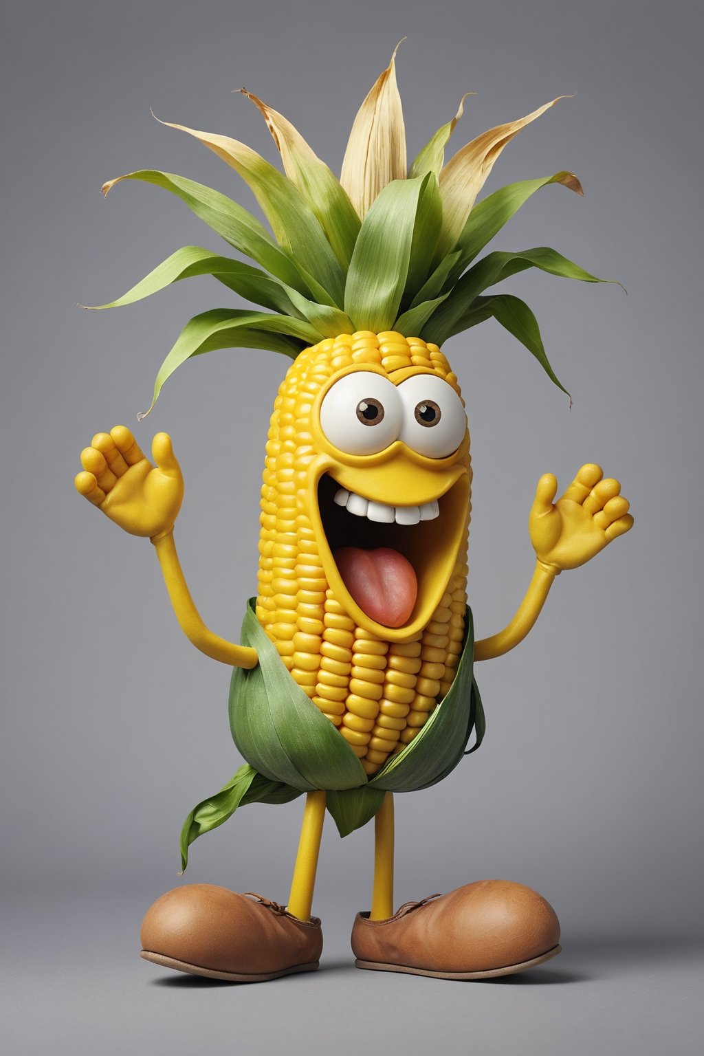 A whimsical corn character with textured yellow kernel body, leafy green corn husk hair flowing down, a kernel crown atop round head, large expressive mismatched eyes, stubby kernel limbs, small brown shoes, on simple gray background - humorous, organic, anthropomorphized vegetable figure.