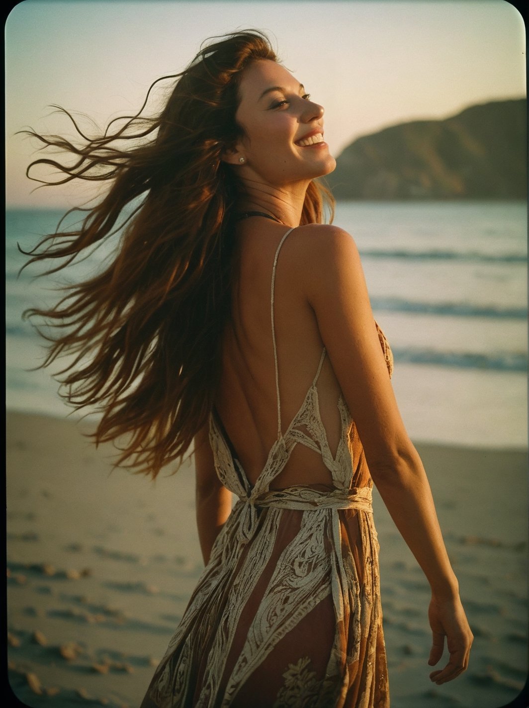 A striking vintage photo of Inprdm in a 3/4 back pose on the beach, embodying a boho-hippie vibe. Her long, flowing hair and luminous smile tell the tale of her laughter. The scene is captured using the legendary Ferrania P30 film, resulting in a deep, nostalgic atmosphere. The smokey eyes make-up stands out against the dimly lit, grainy, and slightly faded backdrop. The hard shadows and harsh camera flash create a dynamic contrast, while the analog film adds a unique texture to this deep, captivating photo reminiscent of a movie still.. grainy kodak film aesthetic, deep depth of field, shadows, desaturated colors. vignette, 35mm look like vintage kodachrome. highly detailed found footage composition.