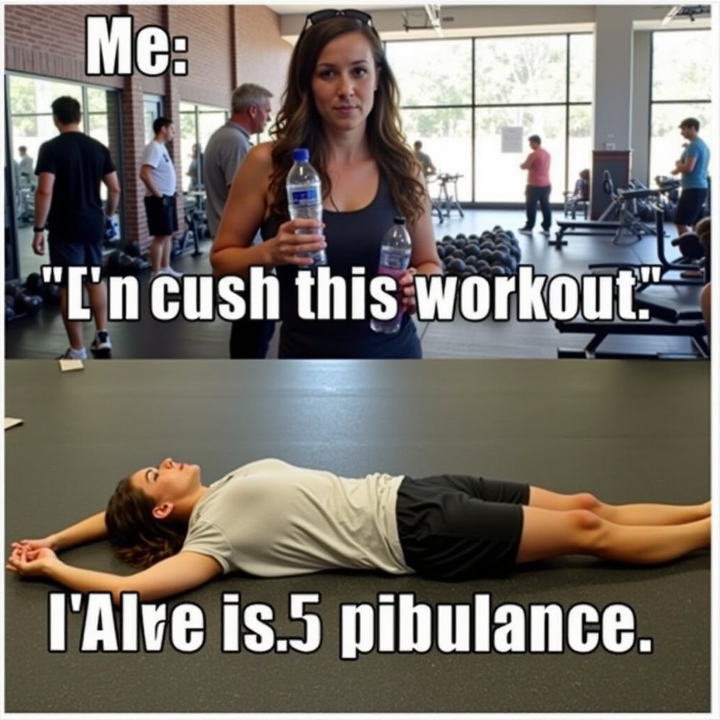 Meme: A split image: on the left, a photo of someone confidently walking into a gym with a water bottle and a towel, looking determined. On the right, the same person lying flat on the floor, completely exhausted after just 10 minutes.
Text (Top): "Me: 'I'm going to crush this workout!'"
Text (Bottom): "Also me after 5 minutes: 'I need an ambulance.'"