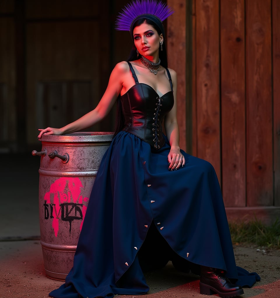 High-fashion shoot in twilit barn setting. Woman in floor-length navy blue dress with asymmetrical hem. Dress adorned with small safety pins along seams. Black leather corset worn over dress. Matte black combat boots. Wearing detachable bonnet with mohawk-inspired crest in deep purple. Hair styled sleek on sides, mohawk crest visible. Subtle makeup with smokey eyes in navy, thin line of neon pink eyeliner. Posing with an old-fashioned butter churn painted with punk-inspired mural. Lighting: warm golden with neon pink highlights. Hazy atmosphere. Expression blends modesty with defiance.
Style: Editorial fashion photography, contrasting textures, dramatic shadows