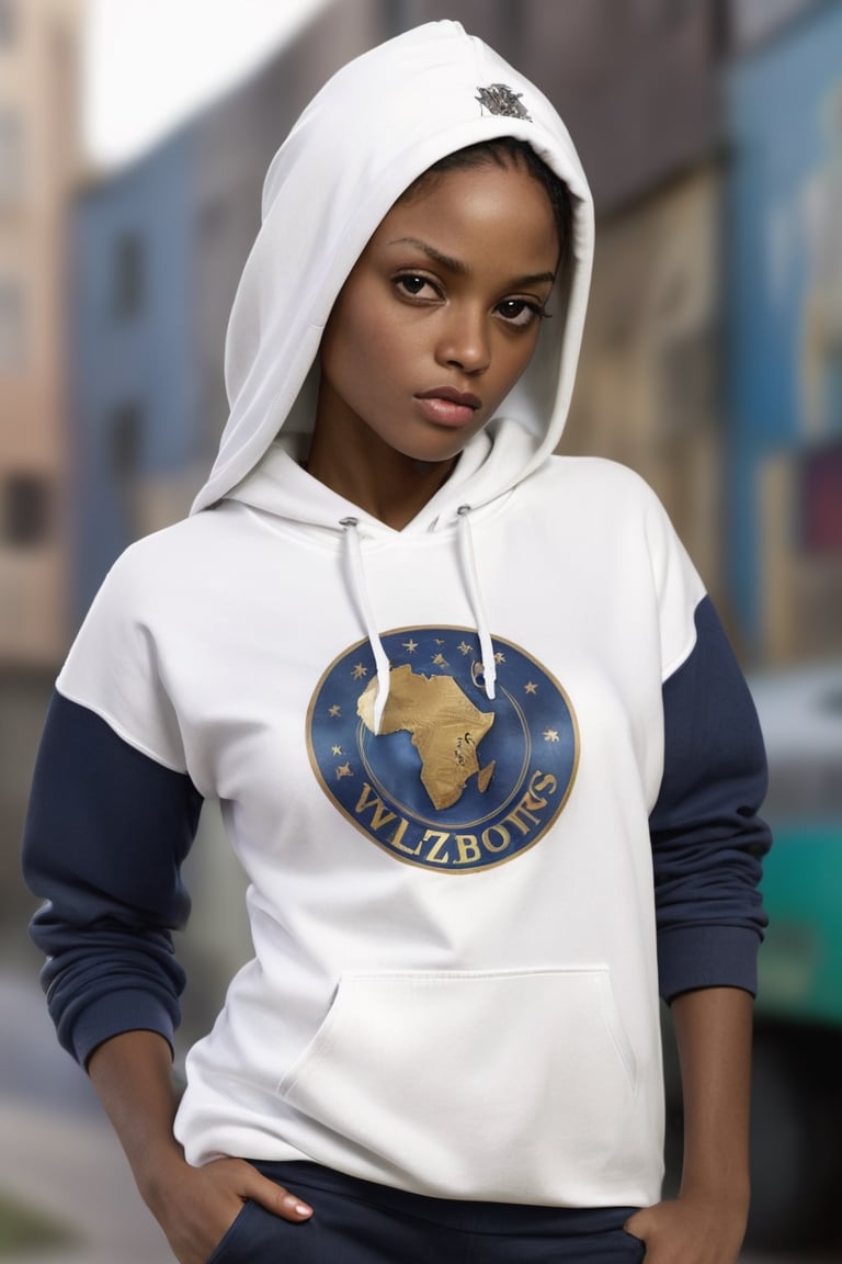 Extremely Realistic pretty african mrlhgr woman, wearing a Vlzblnc hoodie, hoodie inspired in vlzblnc jersey, gangsta photo by annie leibovitz