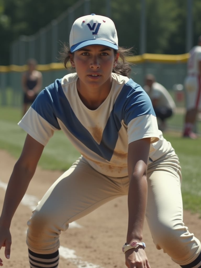 Medium-tight framing captures determined female baseball player's gritty intensity. Natural lighting accentuates white uniform with bold blue V pattern over the chest. Shot from a low angle, crouched slightly at the plate, coiled arms ready to unleash power to steal a base. Eyes fixed intently on incoming pitch, fierce competition radiates through gaze. Typical baseball uniform, Vélez Sarsfield 