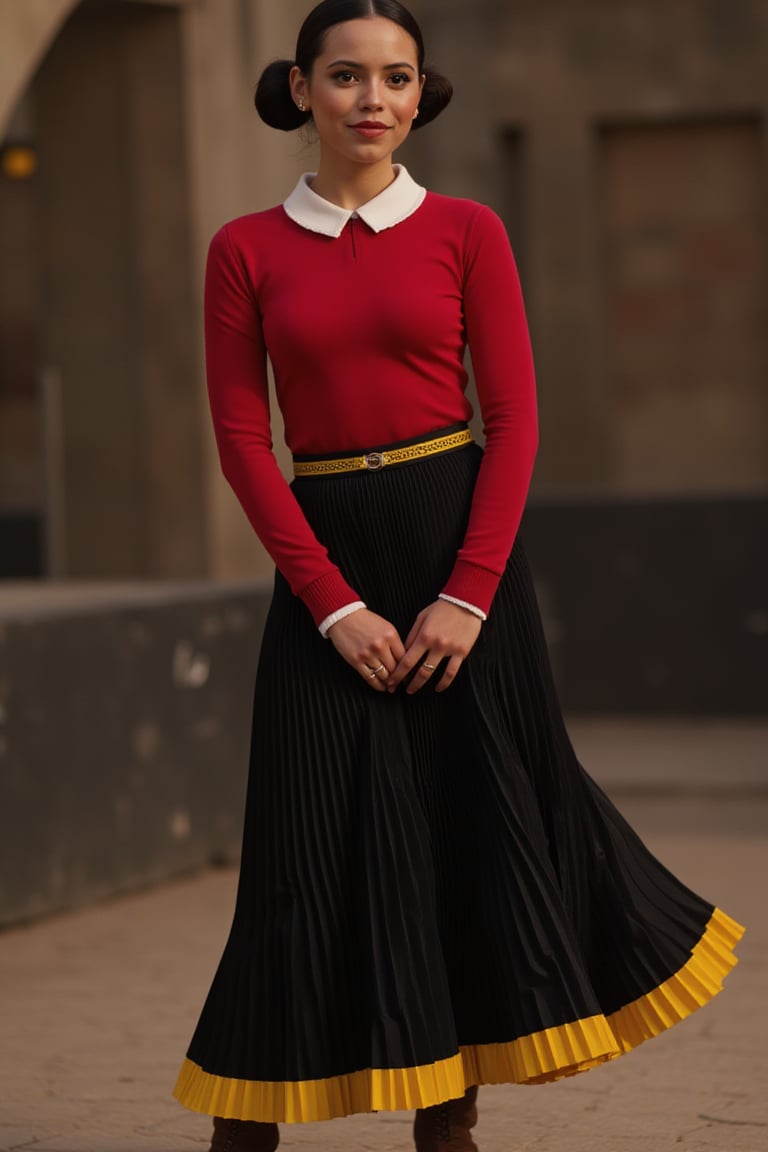 Jenna Ortega as Olive Oyl: Close-up on a stunning beauty, dressed in a fitted red sweater with crisp white collar, flowing long black pleated skirt with vibrant yellow band on the bottom. Her sleek bun hairstyle rests low in the nape of her neck, exuding confident poise. Oversized brown boots add to her quirky charm. A blurred backdrop subtly highlights her elegant features, blending portrait and cinematic photography styles.