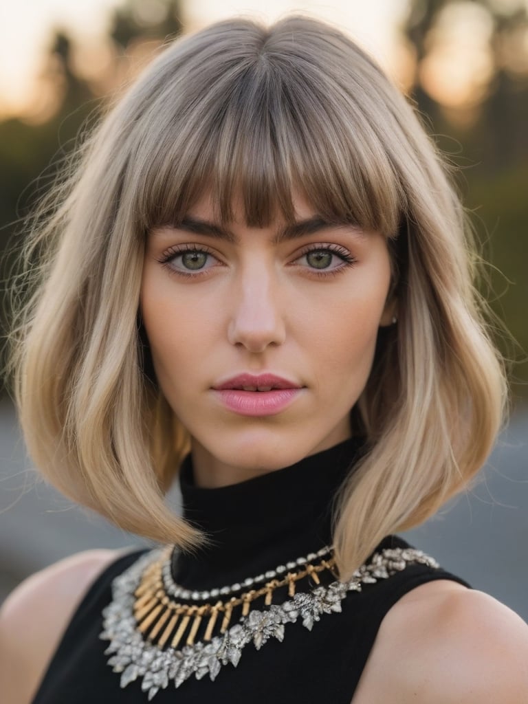 a closeup of spanish girl with bob cut hair with bangs , with icy blonde color , black turtleneck , and the woman's face partially obscured in the style of her voluminous hair. The focus is on the rich color of her hairstyle, set against an out of focus background that suggests natural surroundings. Her lips have subtle love pink lipstick, adding to the romantic atmosphere. Shot in soft lighting, the photograph captures every detail of texture and shine within her beautiful locks, mrlhgr,vjvx