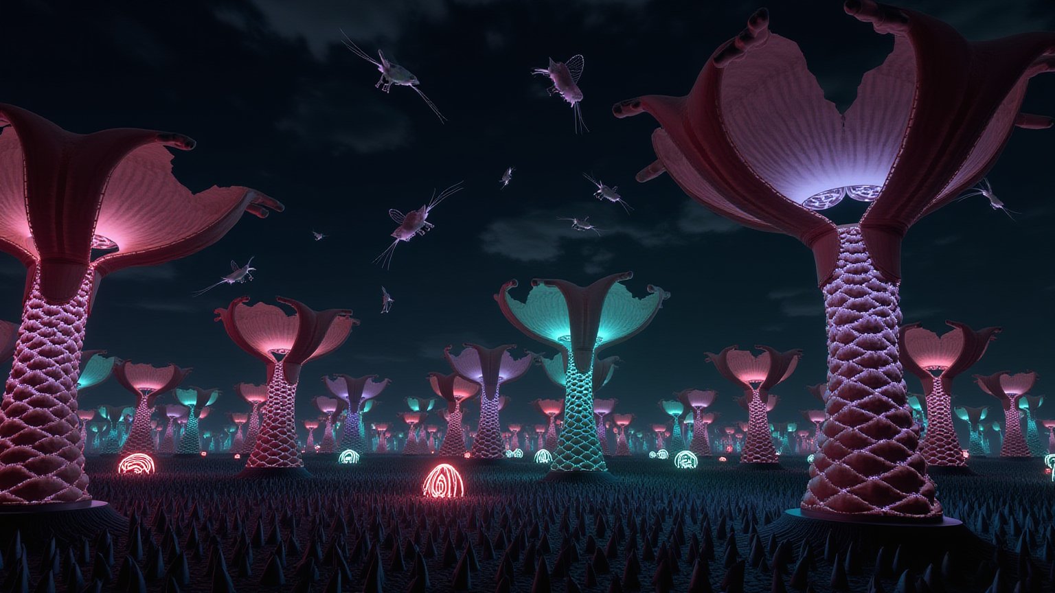 An alien landscape stretches out beneath a dark sky, filled with floating fabrics that drift and block any external light. The only illumination comes from the ground, where the bioluminescent liquid—the planet's life source—pulses through braided, towering plants. These plants grow in large, spiraling formations, unrolling enormous fabric-like wings toward the sky. Their glowing, braided forms shimmer in shades of pink, blue, and green, casting soft, ethereal light across the spiked ground below. Inside the rolls of fabric, fluffs of braided cloth slowly grow larger, glowing faintly as they carry the precious bioluminescent liquid. These fluffs will eventually become the seeds for the next generation, drifting across the landscape when the wind picks up.The ground itself is harsh and covered in sharp spikes, making movement difficult for any creatures. High above, animals with long, braided extremities grasp the branches of the glowing plants, swinging effortlessly from one to the next. They extend their limbs to capture the glowing seed fluffs, feeding on their liquid light. The air is thick with the constant hum of wind, rustling the dry fabrics that have detached from the plants, causing them to float and twirl high in the sky. This gives the planet a mystical, surreal ambiance, as the sky is filled with flying cloth-like formations, reflecting the soft glow from the bioluminescent flora below.In this endless cycle of life, the braided forms of both plants and animals mirror the natural flow of the bioluminescent liquid, a seamless connection between the environment and its inhabitants, thriving together in the constant, soft glow of this alien world