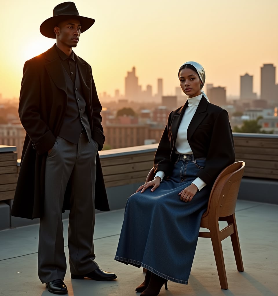 Here's the prompt:

A fusion of hip-hop and Amish cultures, captured on an urban rooftop at golden hour. The setting blends a city skyline with a traditional Amish-style barn structure. Male model stands slightly angled, wearing an oversized black wool coat, charcoal satin vest, wide-leg dark denim trousers, and a black felt wide-brimmed hat, with a contemplative expression. Female model sits on a modernist chair with an Amish-inspired woodwork, wearing a floor-length denim skirt, cropped jacket, white high-neck blouse, and a reimagined Amish bonnet with metallic sheen. The models are positioned off-center, with negative space for the magazine title. Warm golden hour sunlight highlights silhouettes, while soft fill light brings out details in darker clothing. The color palette features black, white, earth tones from clothing, and pops of gold from accessories and sunset light. The mood is a blend of urban edge and rural serenity, with tension between tradition and modernity, quiet confidence and contemplation.