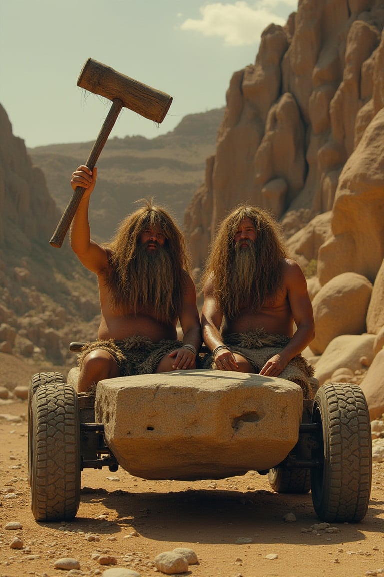 Hasselblad H6D-100c, ultra-realistic detail, soft, warm cinematic lighting, ISO 100, with a 50mm prime lens.
Two cavemen, **Rock and Gravel**, with extremely long, shaggy hair covering nearly their entire bodies, are seated in the **Boulder Mobile**, a prehistoric car made entirely of stone. Their wild, unkempt hair flows over their faces and animal-skin loincloths, obscuring most of their forms beneath thick, unruly locks. One caveman raises a large wooden club high above his head, ready to strike the stone car to power it forward.

The **Boulder Mobile** features massive stone wheels and a crudely carved stone body, rough with natural textures. The prehistoric landscape behind them is rocky and barren, with towering boulders, dusty terrain, and a warm, golden light that casts long shadows across the scene. The lighting accentuates the ultra-realistic detail, focusing on the texture of their long hair, the rough stone of the car, and the animal skins. The scene captures the gritty, ancient feel of a prehistoric world, blending humor and realism with a rich cinematic atmosphere.