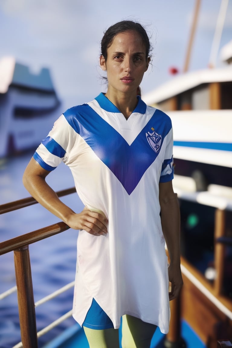 Female Mrlhgr wearing a wet vlzblnc jersey, stands on a boat deck, photo by Steve McCurry