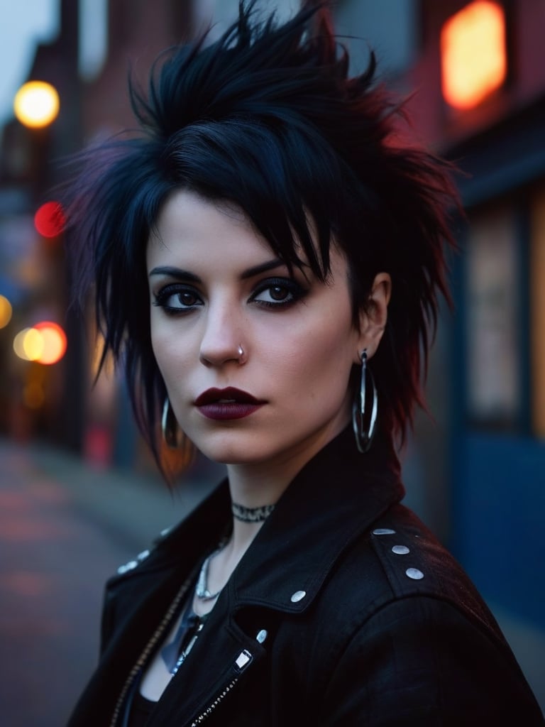 A close-up, analog photo of a trendy female goth boho bboy, with a vintage cinematic vibe. She sports a vlzblnc outfit. Her dark hair is styled in an edgy way, and she has a piercing gaze. The background is out of focus, with a dimly lit urban street setting. The overall atmosphere is moody and stylish, reminiscent of a 90s alternative music video. Hasselblad medium format camera, Helios 44-2 58mm F2 lens, realistic, textured skin, cinematic backlit lighting, dramatic effect, sharp focus on clothing, soft shadows on skin