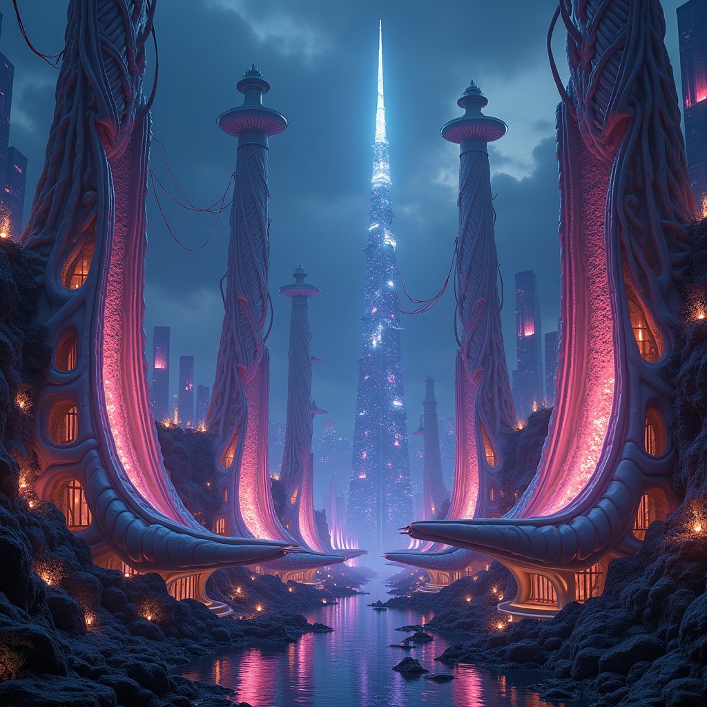 an alien metropolis unfolds beneath a dark, bioluminescent sky. Towering, spire-like structures with twisted, braided textures rise from the ground, their surfaces pulsating with soft hues of pink, purple, and blue. These colossal buildings, composed of organic, shell-like materials, glow with bioluminescent light, illuminating the streets below. The city's pathways wind between the structures, lined with glowing alien flora and abstract, floating orbs that drift through the air, casting faint reflections on the sleek, luminescent surfaces. Suspended fabric-like leaves and ribbons float through the sky, reflecting the soft light from the bioluminescent buildings, creating a surreal, canopy-like effect overhead. The streets are populated by alien beings with braided skin, their glowing eyes casting eerie reflections in the dim, magical light. The architecture blends seamlessly with the landscape, as the city appears to grow organically from the terrain, with bridges made of glowing vines and suspended walkways that connect the towering structures. The atmosphere is dreamlike, with only the bioluminescent flora, the glowing structures, and the inhabitants themselves lighting the way. In the distance, the spire of a central tower rises higher than all others, its glowing tip piercing the dark sky, casting faint light trails that ripple outward like waves in water. The city is alive with a mysterious hum, blending the natural and technological into one mesmerizing, otherworldly vision.