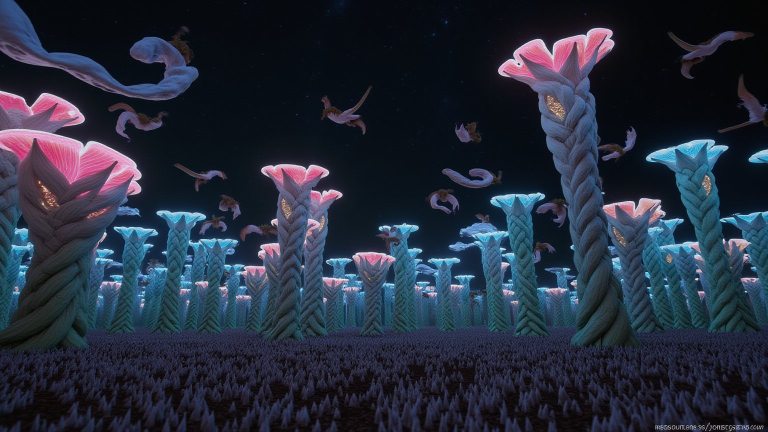 An alien landscape stretches out beneath a dark sky, filled with floating fabrics that drift and block any external light. The only illumination comes from the ground, where the bioluminescent liquid—the planet's life source—pulses through braided, towering plants. These plants grow in large, spiraling formations, unrolling enormous fabric-like wings toward the sky. Their glowing, braided forms shimmer in shades of pink, blue, and green, casting soft, ethereal light across the spiked ground below. Inside the rolls of fabric, fluffs of braided cloth slowly grow larger, glowing faintly as they carry the precious bioluminescent liquid. These fluffs will eventually become the seeds for the next generation, drifting across the landscape when the wind picks up.The ground itself is harsh and covered in sharp spikes, making movement difficult for any creatures. High above, animals with long, braided extremities grasp the branches of the glowing plants, swinging effortlessly from one to the next. They extend their limbs to capture the glowing seed fluffs, feeding on their liquid light. The air is thick with the constant hum of wind, rustling the dry fabrics that have detached from the plants, causing them to float and twirl high in the sky. This gives the planet a mystical, surreal ambiance, as the sky is filled with flying cloth-like formations, reflecting the soft glow from the bioluminescent flora below.In this endless cycle of life, the braided forms of both plants and animals mirror the natural flow of the bioluminescent liquid, a seamless connection between the environment and its inhabitants, thriving together in the constant, soft glow of this alien world