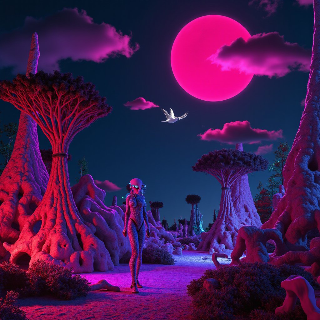 A breathtaking, otherworldly landscape reveals an alien planet with a surreal and captivating atmosphere. Rich hues of red, purple, and blue dominate the scene, where undulating, shell-like formations softly glow with bioluminescent light, casting intricate shadows across the terrain. Lofty, spire-like structures and towering, twisted trees with braided, glowing roots spread across the ground, their pink, purple, and blue-green hues illuminating the dark environment. The forest is dotted with alien flora and abstract floating orbs, their soft light reflecting off the leaves and ribbons of fabric-like materials that drift in the air. Suspended fabric clouds blanket the sky, which remains completely dark, only reflecting the soft glow from the bioluminescent elements below. The atmosphere is both mystical and eerie, with the volumetric lighting originating entirely from the glowing flora and floating orbs. An alien bird-like creature soars across the landscape, its silhouette illuminated by the faint glow of the scene, while a striking alien being walks through the terrain. Its entire form is composed of intricate braided skin, shimmering in the bioluminescent light, with glowing eyes that reflect intelligence and curiosity. This alien traverses an uncomfortable dark planet where bioluminescent flora pulsates underfoot, while the dark sky above mirrors the glow of the fantastical elements below, creating an ethereal and mysterious world. 