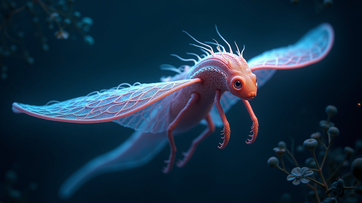 A majestic Braided Glider floats effortlessly in the dark, bioluminescent sky of its alien planet. Its elongated, braided body is gracefully coiled, glowing with soft shades of pink, blue, and green as it moves through the air. The creature's vast, fabric-like wings are unfurled, their translucent membranes glowing softly with intricate bioluminescent threads woven throughout. These wings stretch wide, catching the faint wind as the floating fabric scraps in the sky swirl around it. Its long, prehensile, braided limbs extend from its body, gently grasping the glowing branches of the braided flora below.The Glider’s sleek, elongated face is bathed in the soft light from its large, glowing eyes, which radiate intelligence and curiosity. The faint shimmer of the bioluminescent liquid running through its braids highlights its complex, organic textures. The dark sky in the background is filled with floating fabric-like leaves, reflecting the soft glow of the bioluminescent world below, while the creature hovers gracefully, its braided form creating a mesmerizing, otherworldly pattern. The creature's gentle and fluid movement through the air is captured in the portrait, framed by the glowing flora and the surreal, floating fabric clouds of the alien planet