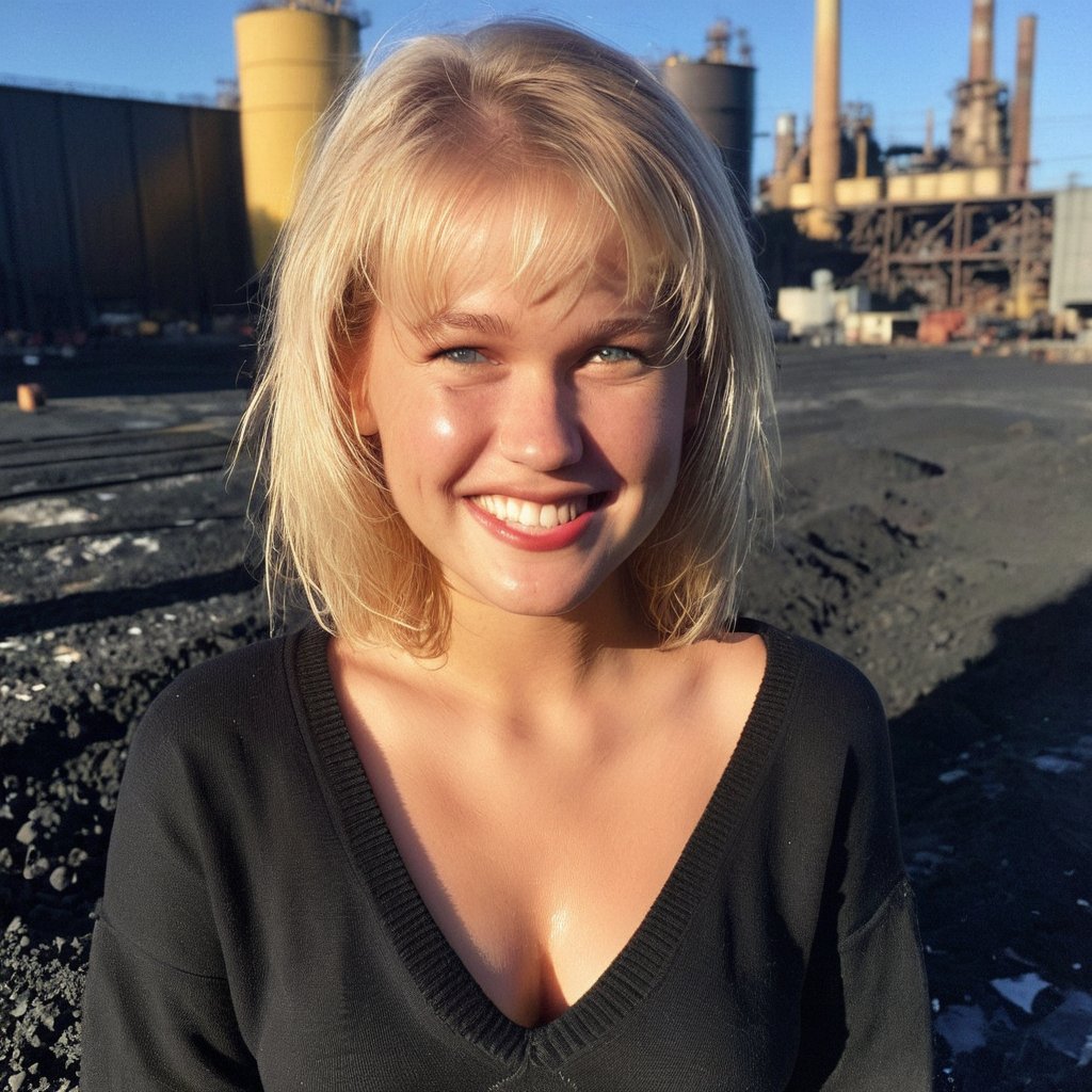 instagram photo, closeup face photo of 23 y.o Xuxa in black sweater, cleavage, pale skin, (smile0.4), hard shadows, working on a coal factory 